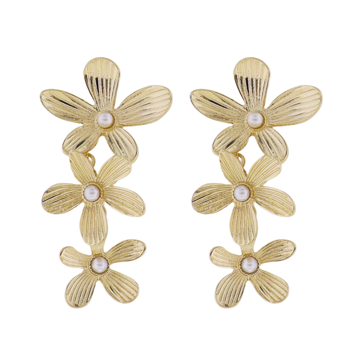 Gold Descending Flowers Earring with Pearl Centers