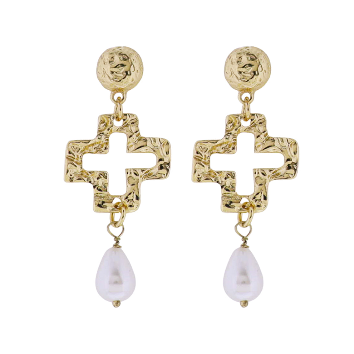 Gold Hammered Cross Earring with Pearl Charm