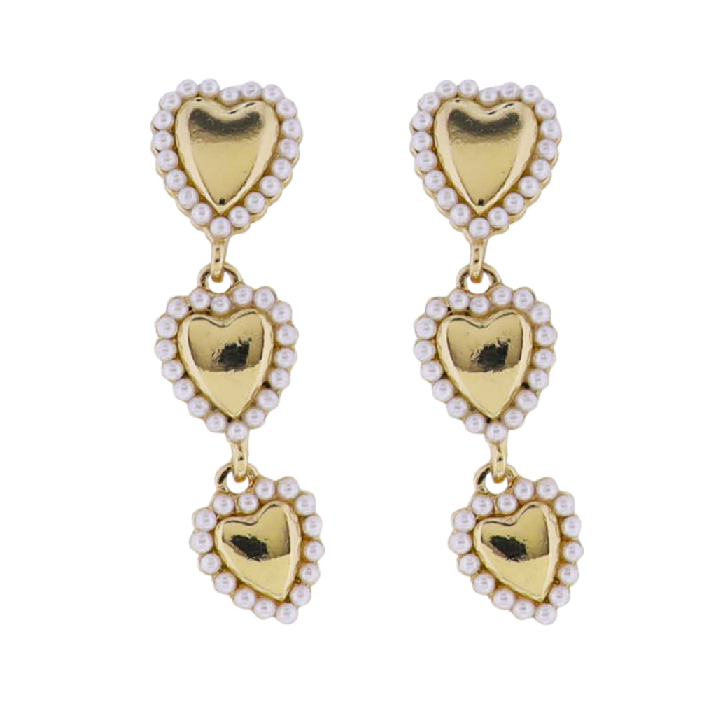 Gold Descending Hearts Earring with Pearl Edges