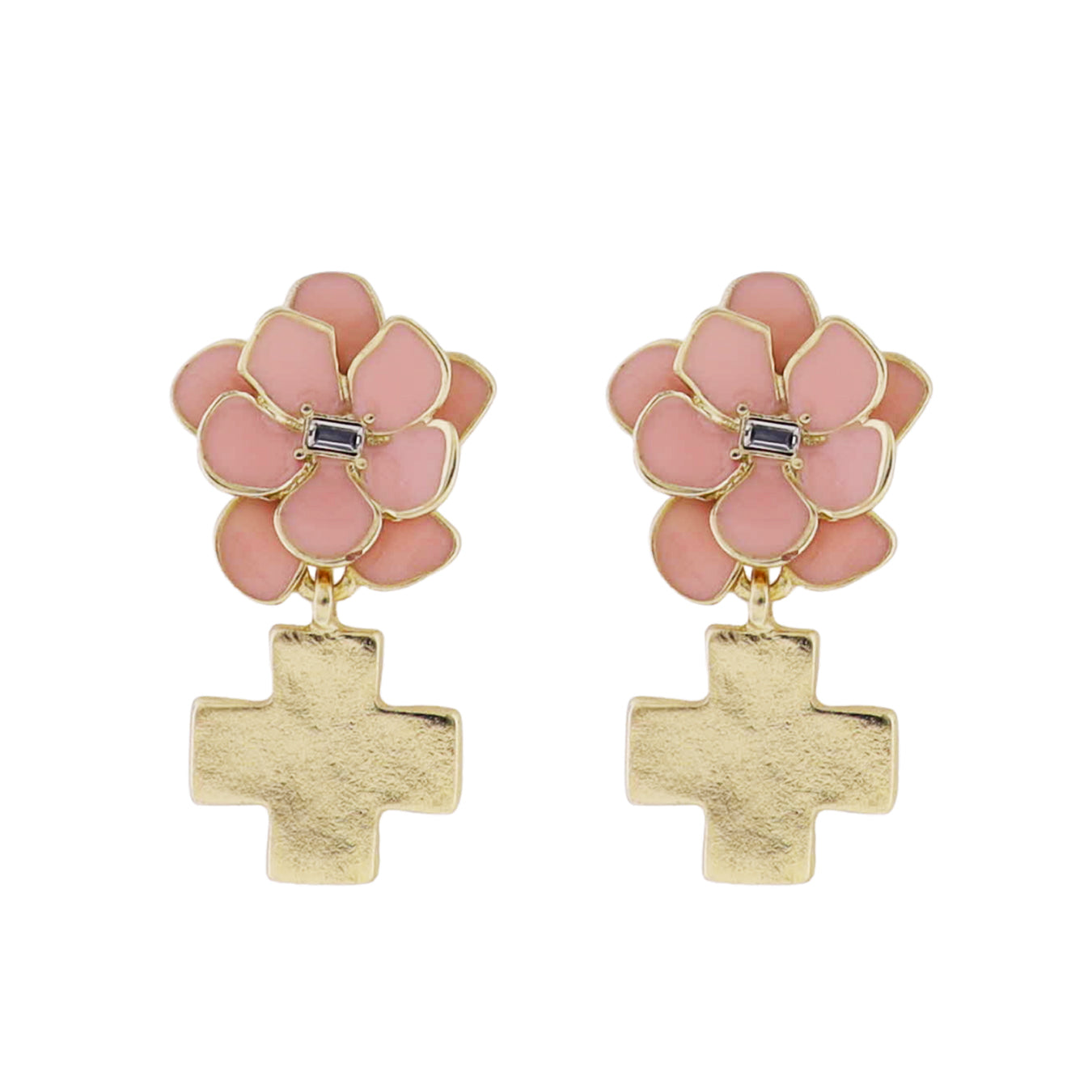 Pink Flower Post Earring with Gold Cross