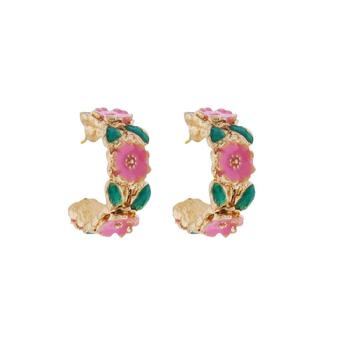 Pink, Green Mini Floral Hoop Earring