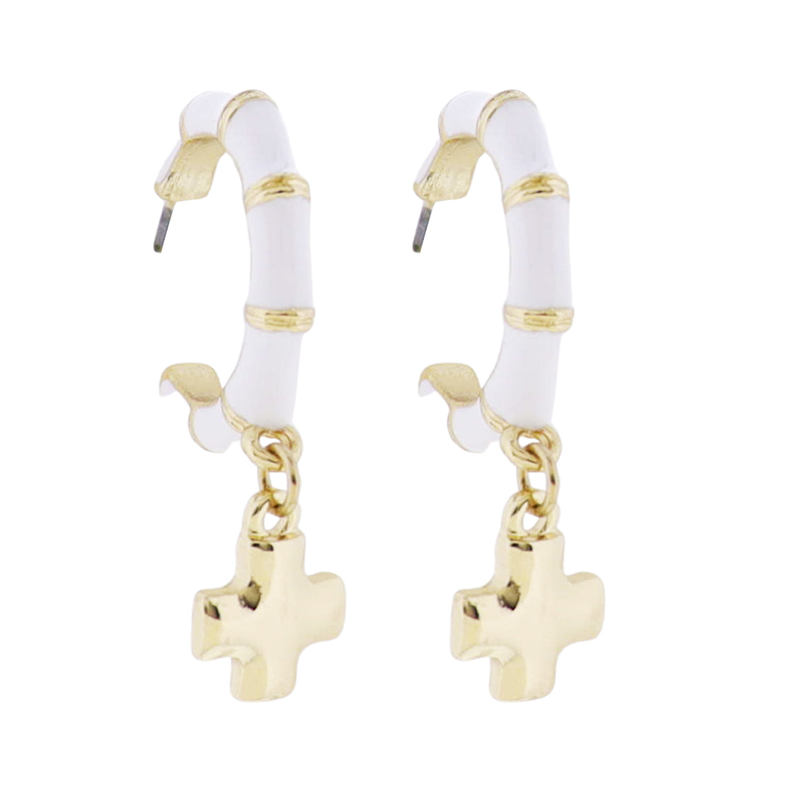 White Bamboo Hoop Earring with Gold Square Cross