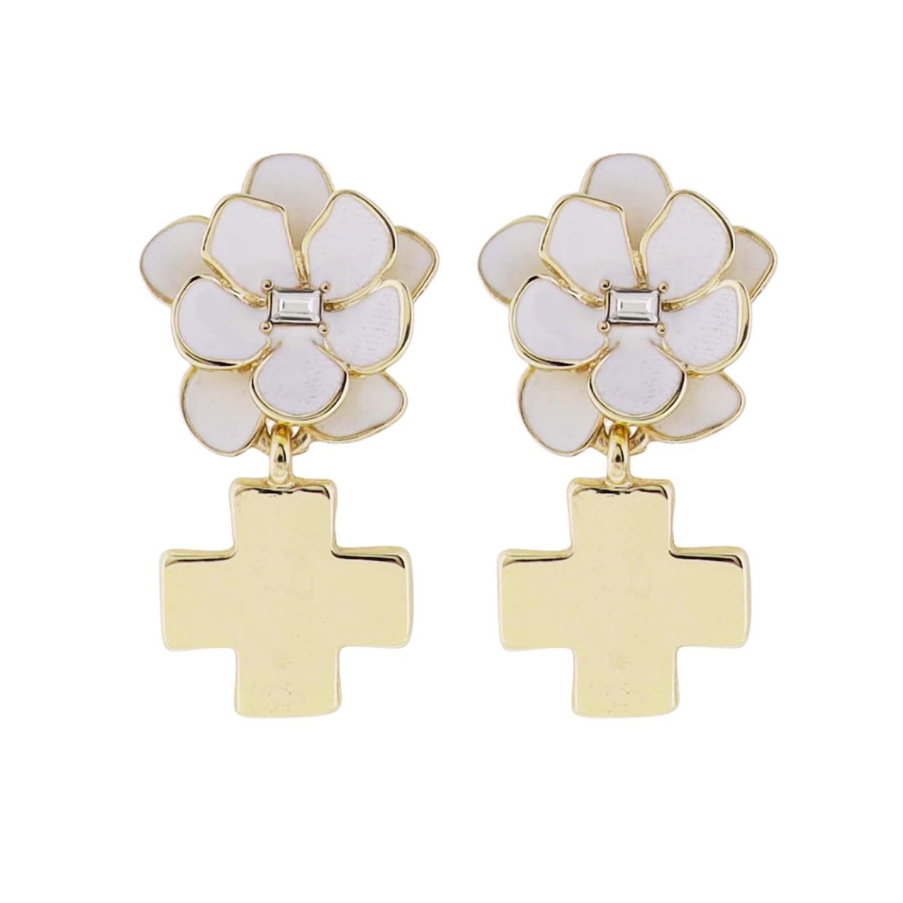 White Flower Post Earring with Gold Cross