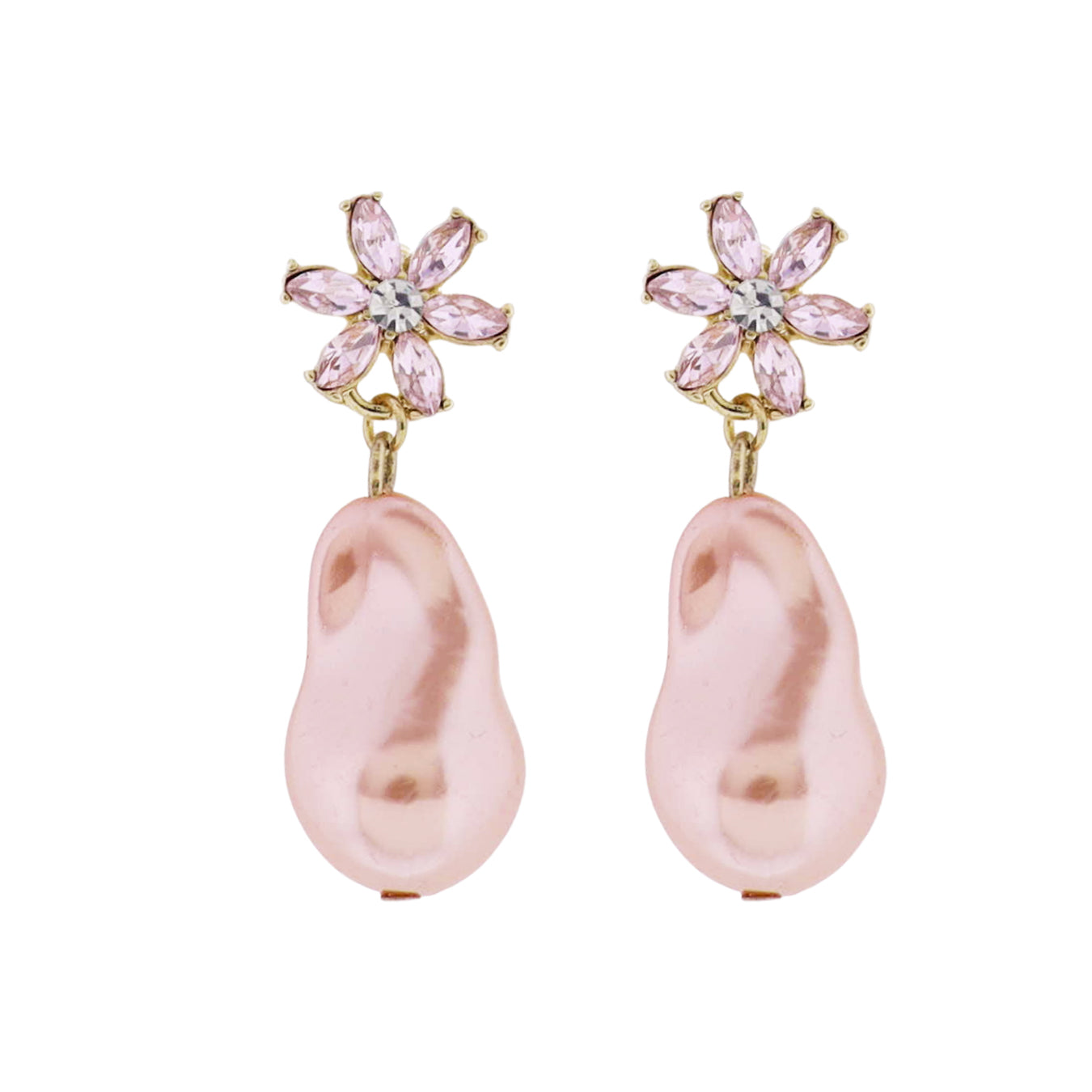 Pink, Clear Crystal Flower Post Earring with Pearl Pearl