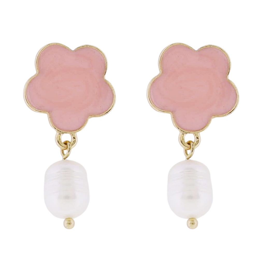 Pink Flower Post Earring with Pearl Charm
