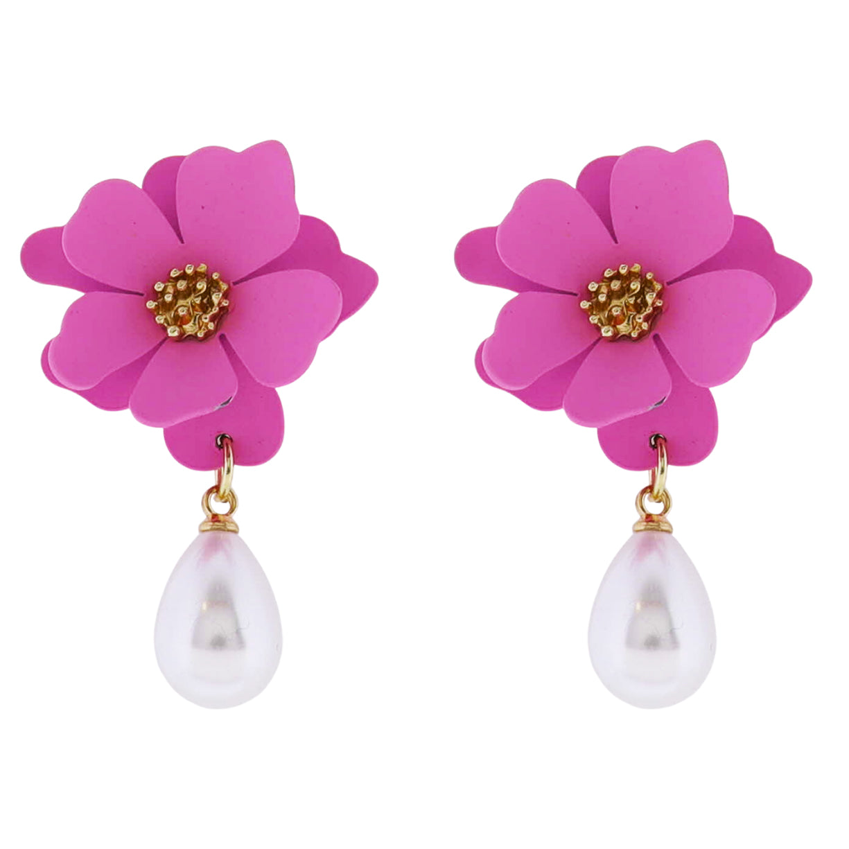 Pink Flower Post with Gold Center Earring and Pearl Charm