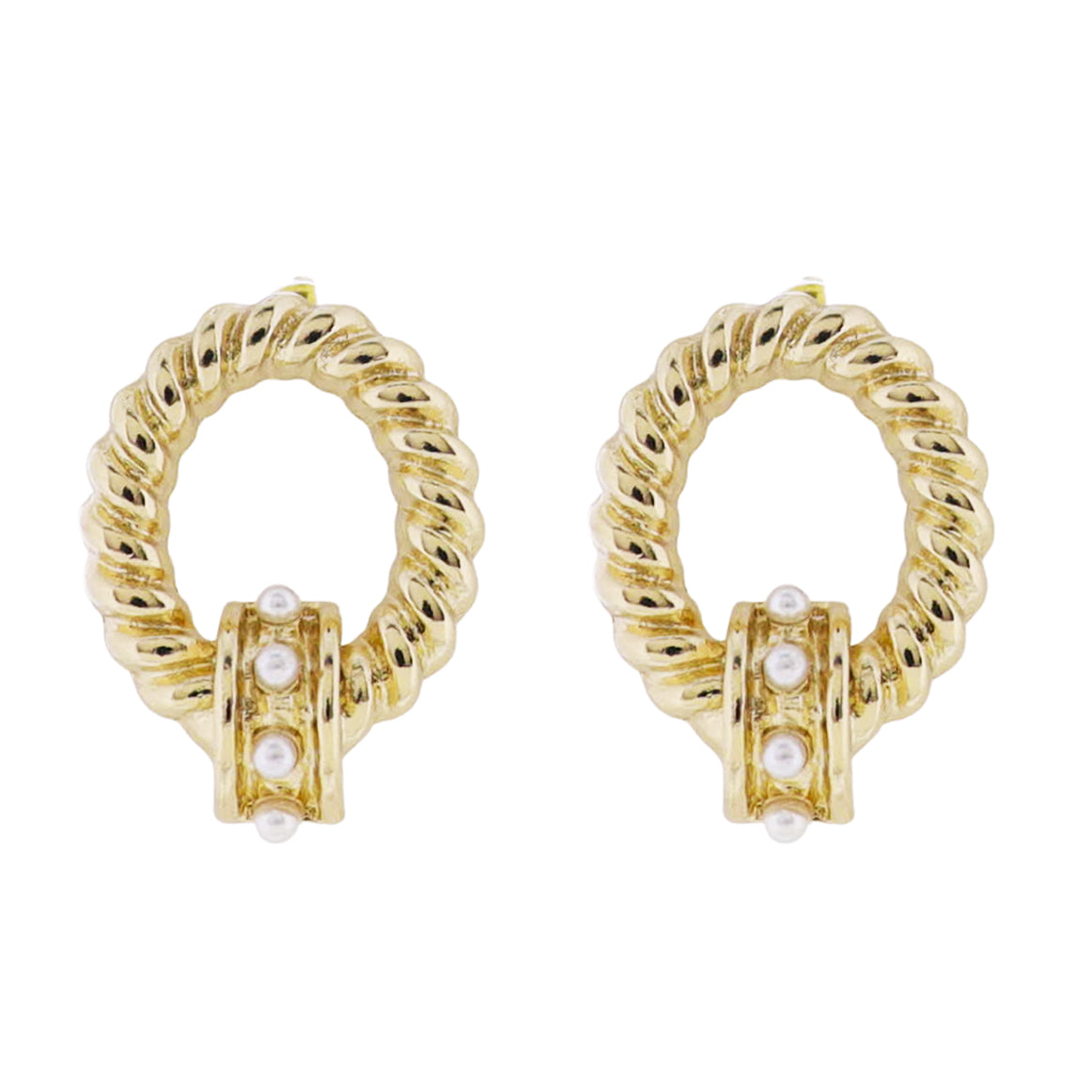 Gold Twisted Rope Oval Earring with Pearl Accents