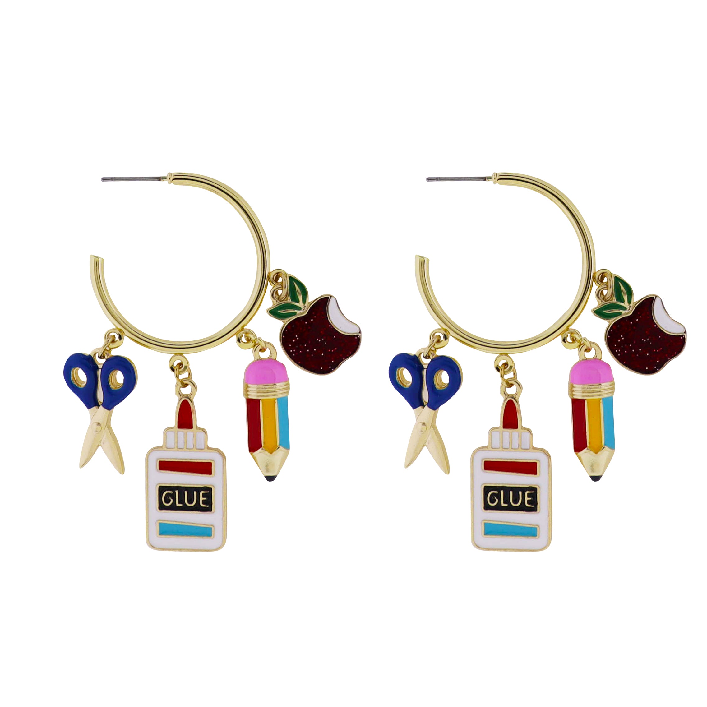 Gold Hoop with Glue, Scissors, Pencil, Apple Charms Earring