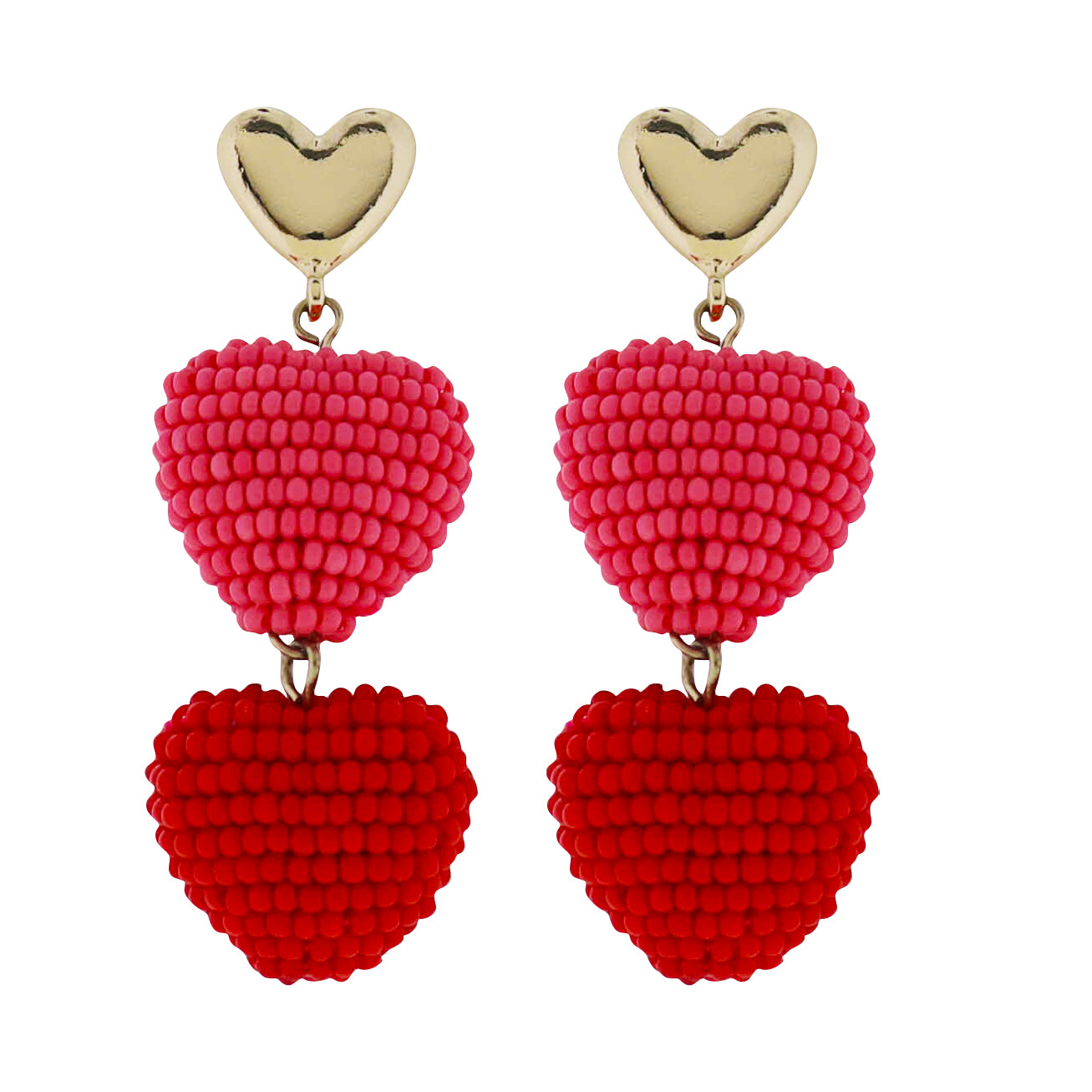 Gold Heart Post Earring with Pink, Red Beaded Hearts