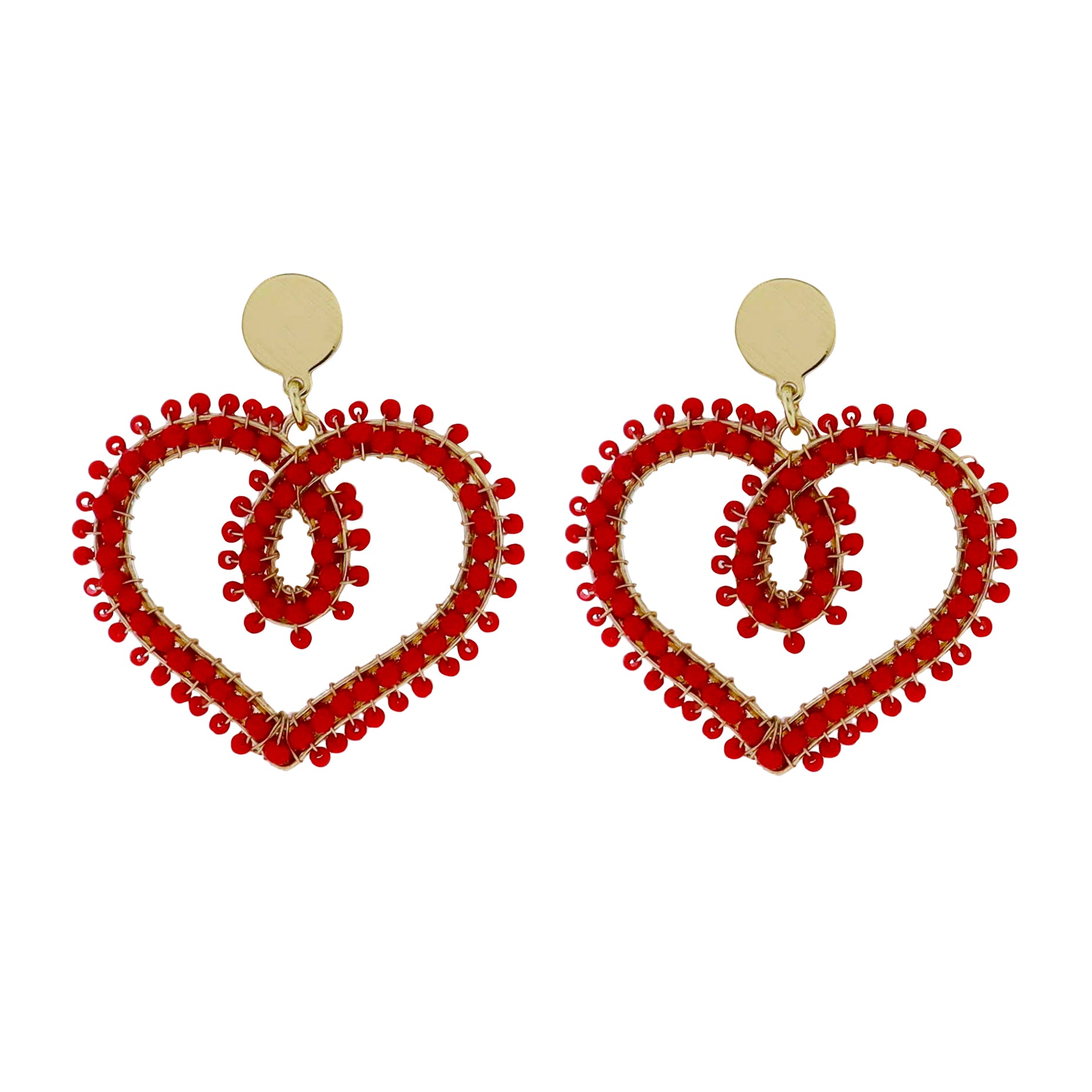 Gold Circle Post Earring with Red Beaded Open Heart