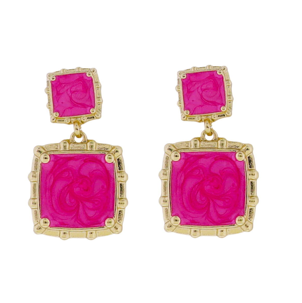 Gold, Pink Enamel Swirl Squares Earring with Gold Studded Accent Edges