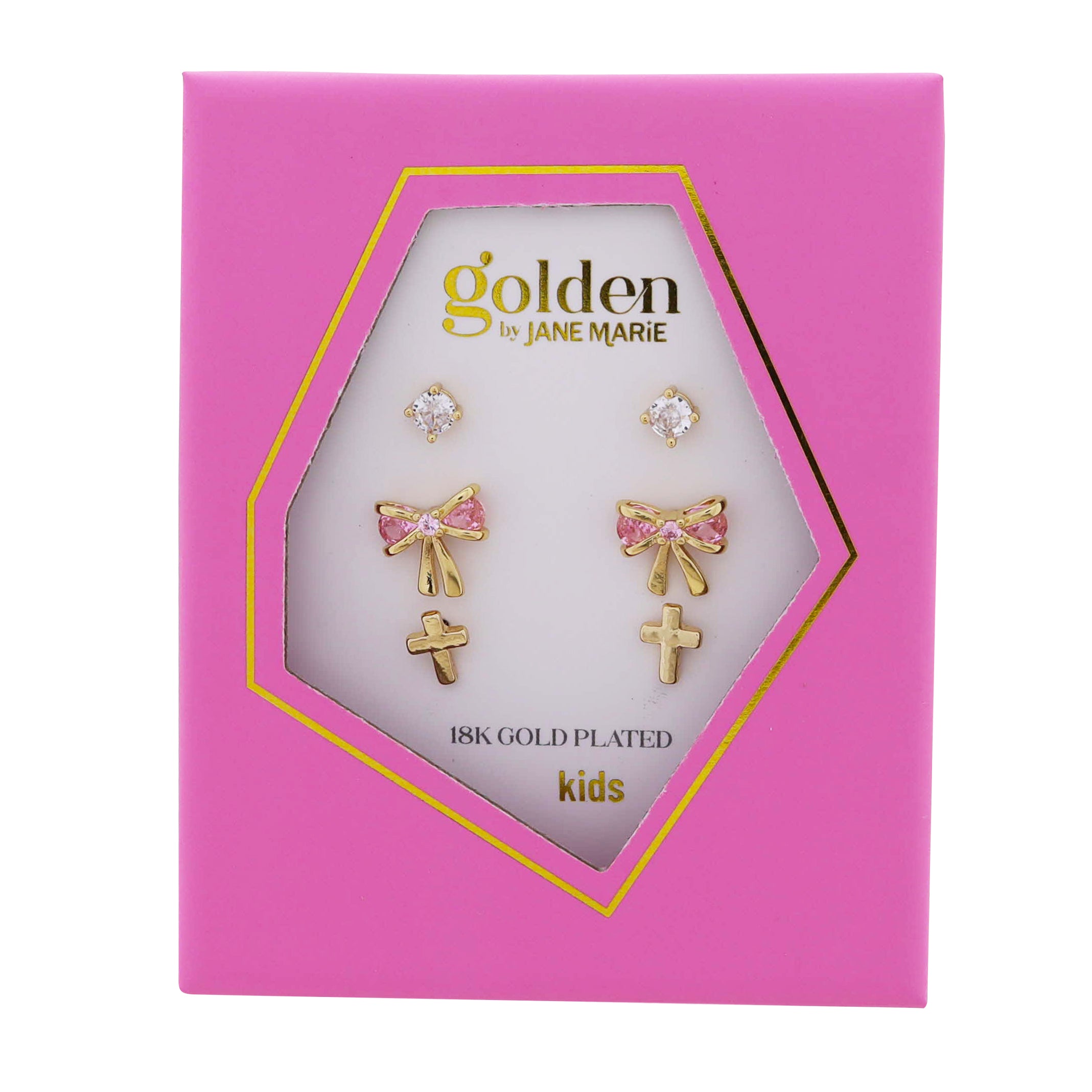 Kids 18k Gold Plated Set of 3, Clear Crystal Circle, Pink Crystal Bow, Cross Earring