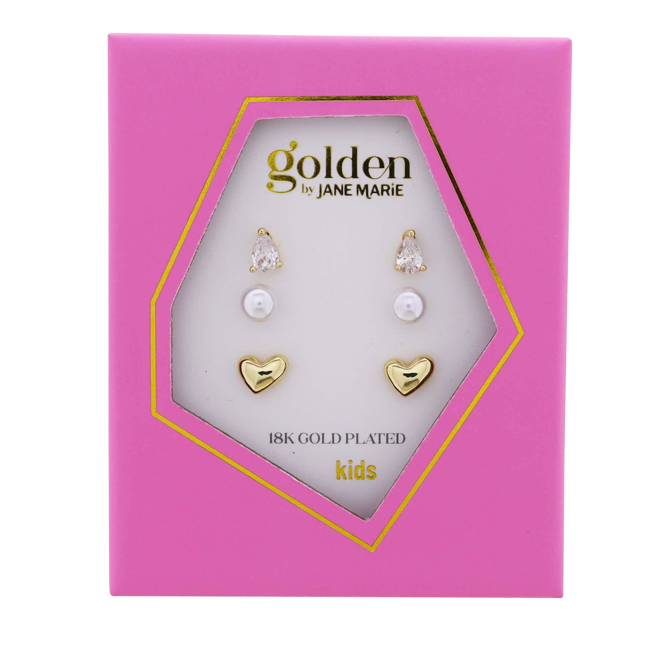 Kids 18k Gold Plated Set of 3, Clear Crystal Teardrop, Pearl, Gold Heart Earring