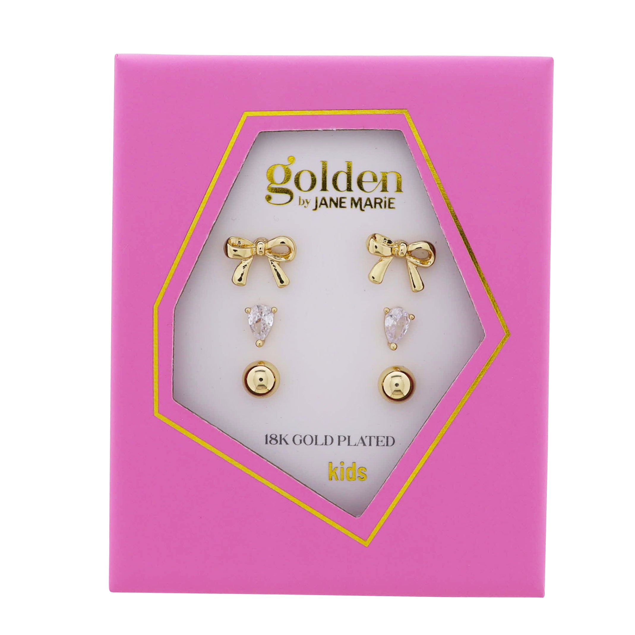 Kids 18k Gold Plated Set of 3, Gold Bow, Clear Crystal Teardrop, Gold Ball Earring