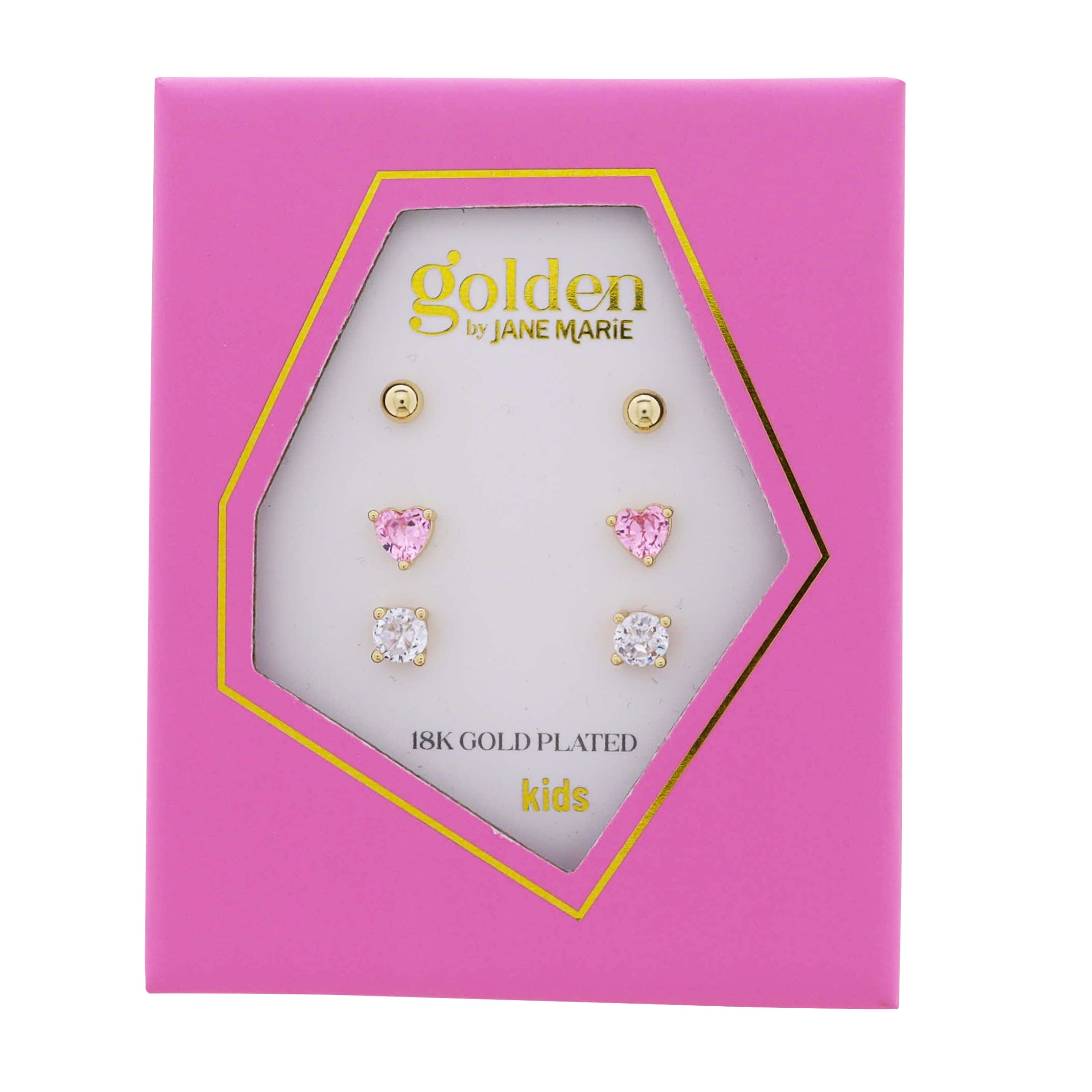 Kids 18k Gold Plated Set of 3, Gold Ball, Pink Crystal Heart, Clear Crystal Circle Earring