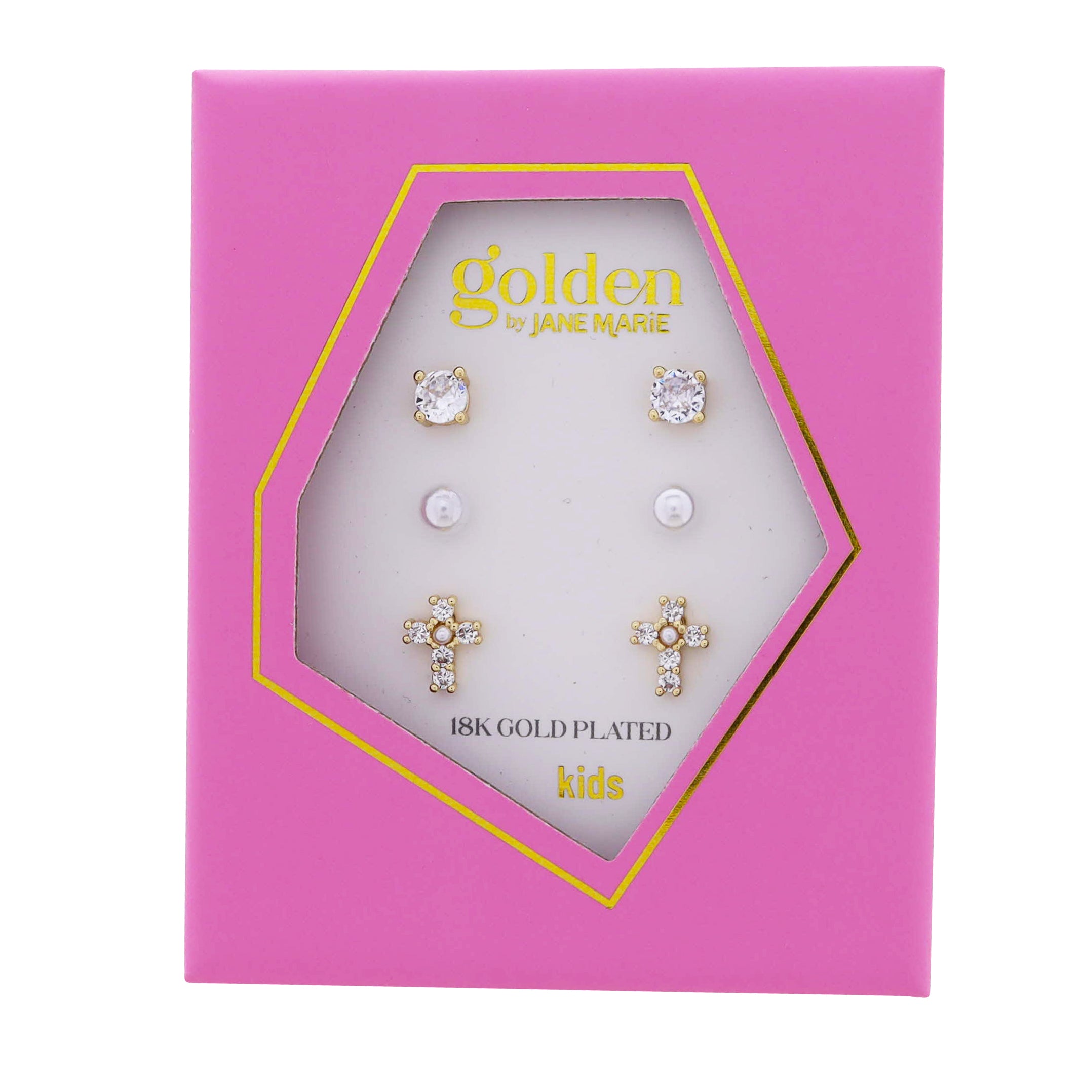 Kids 18k Gold Plated Set of 3, Clear Crystal Circle, Pearl, Clear Crystal Cross Earring