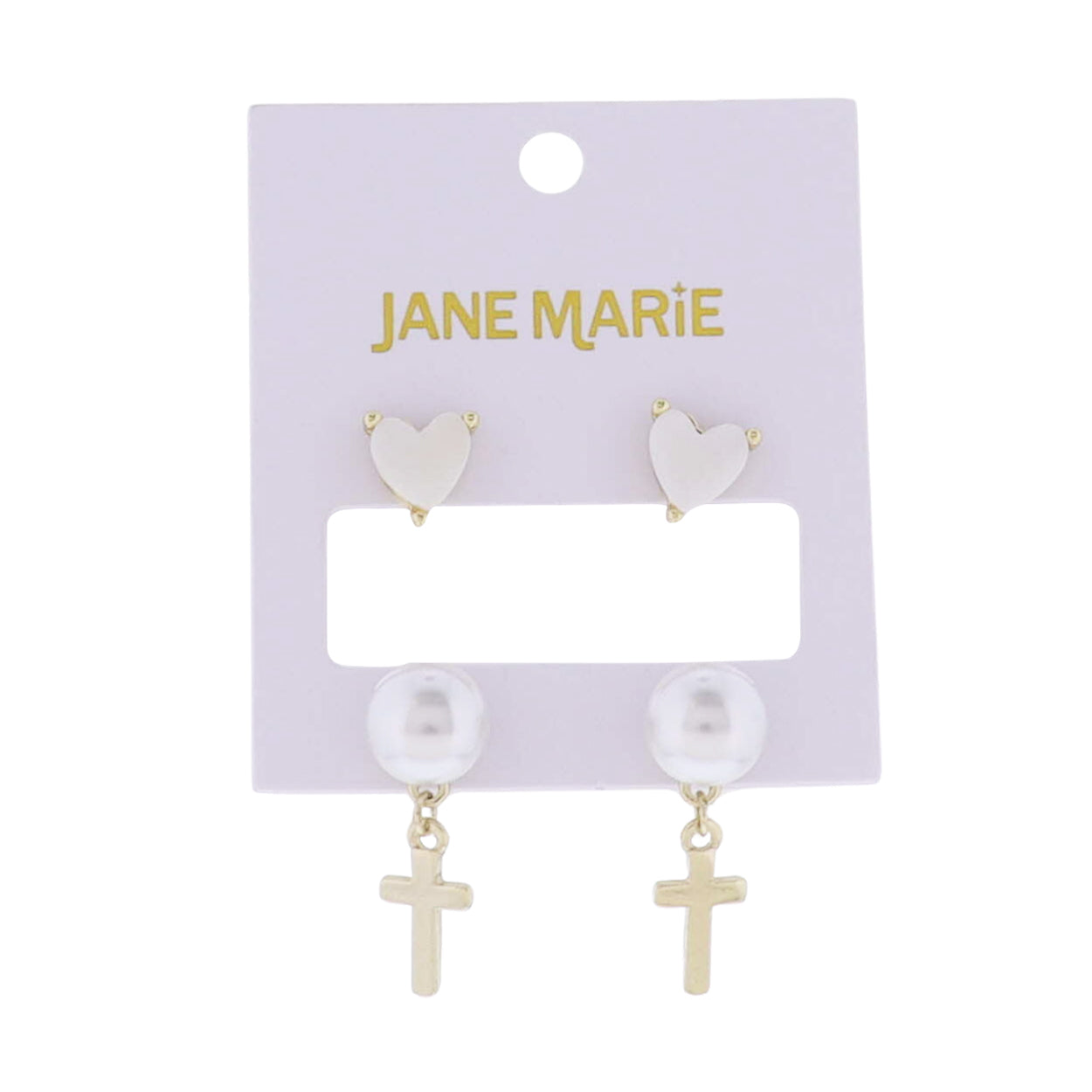 Gold Pearl Heart, Pearl with Cross Charm Set of 2 Earring