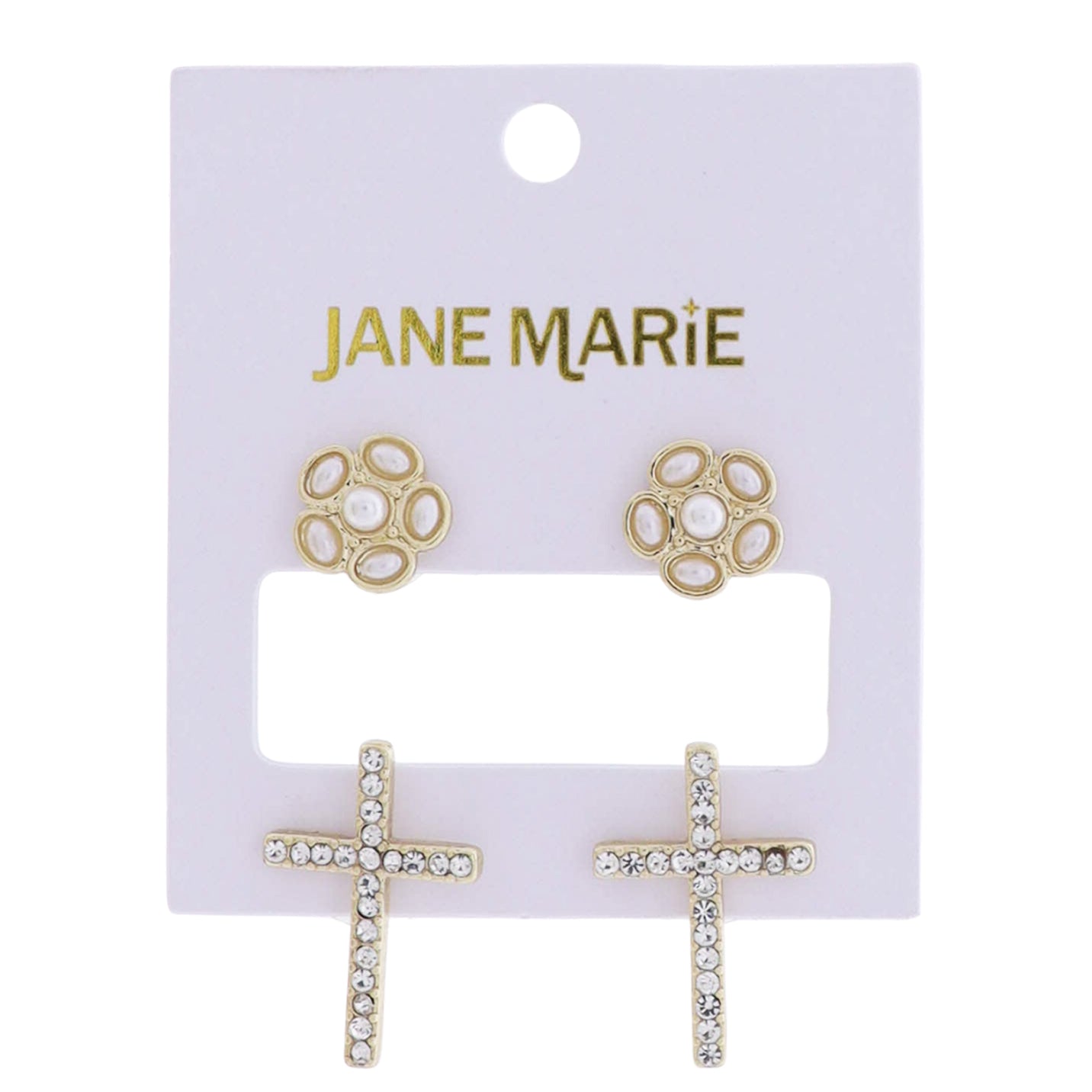 Gold Pearl Flower, Large Clear Crystal Cross Set of 2 Earring