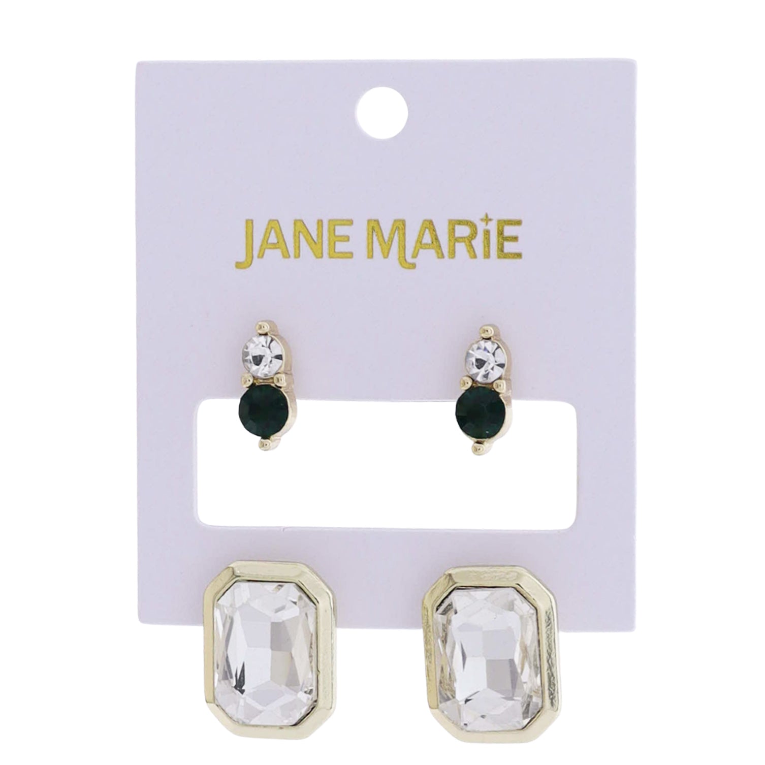 Gold Clear Crystal & Emerald Circles, Large Clear Crystal Cushion Set of 2 Earring