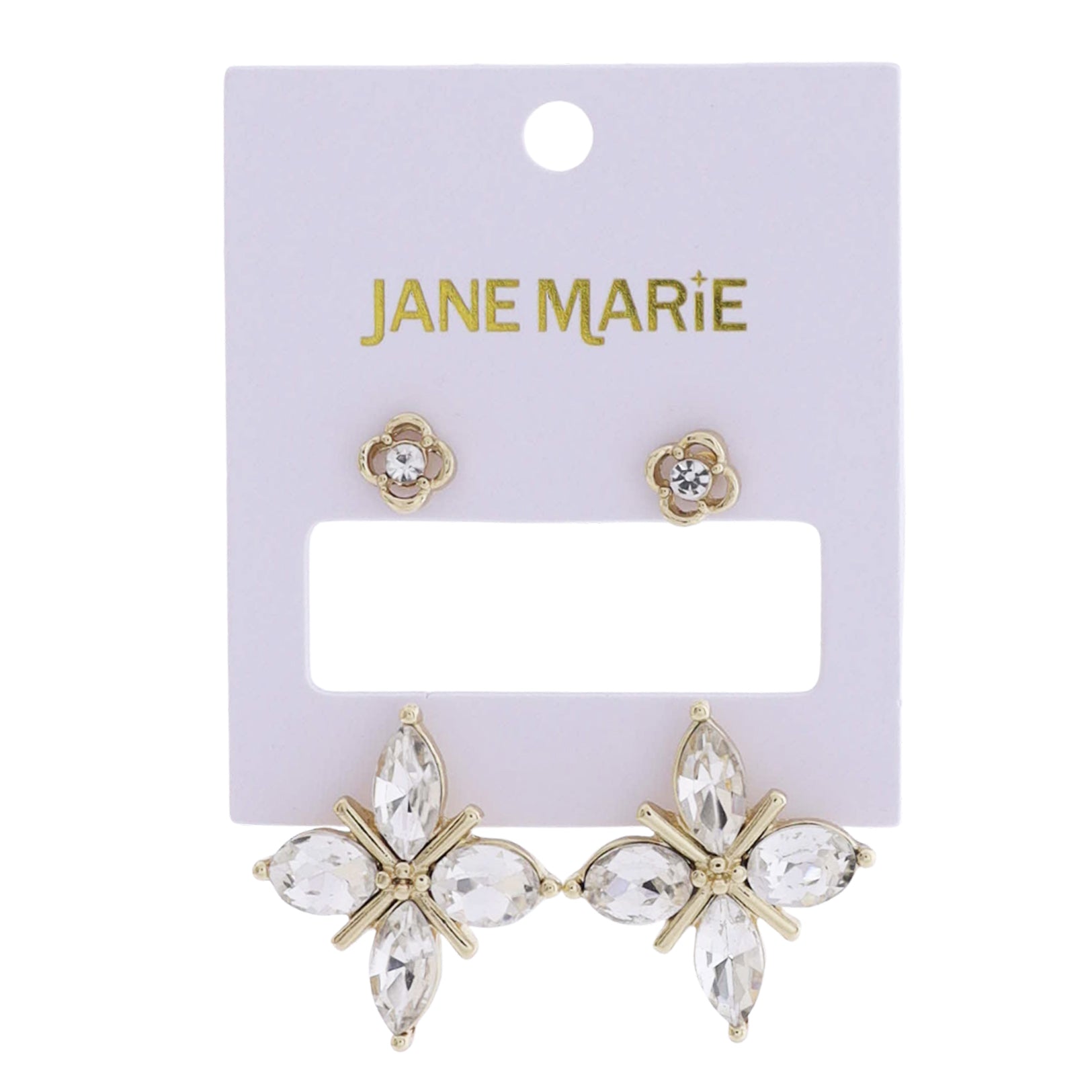 Gold Flower with Clear Center Crystal, Large Teardrop Cluster Set of 2 Earring