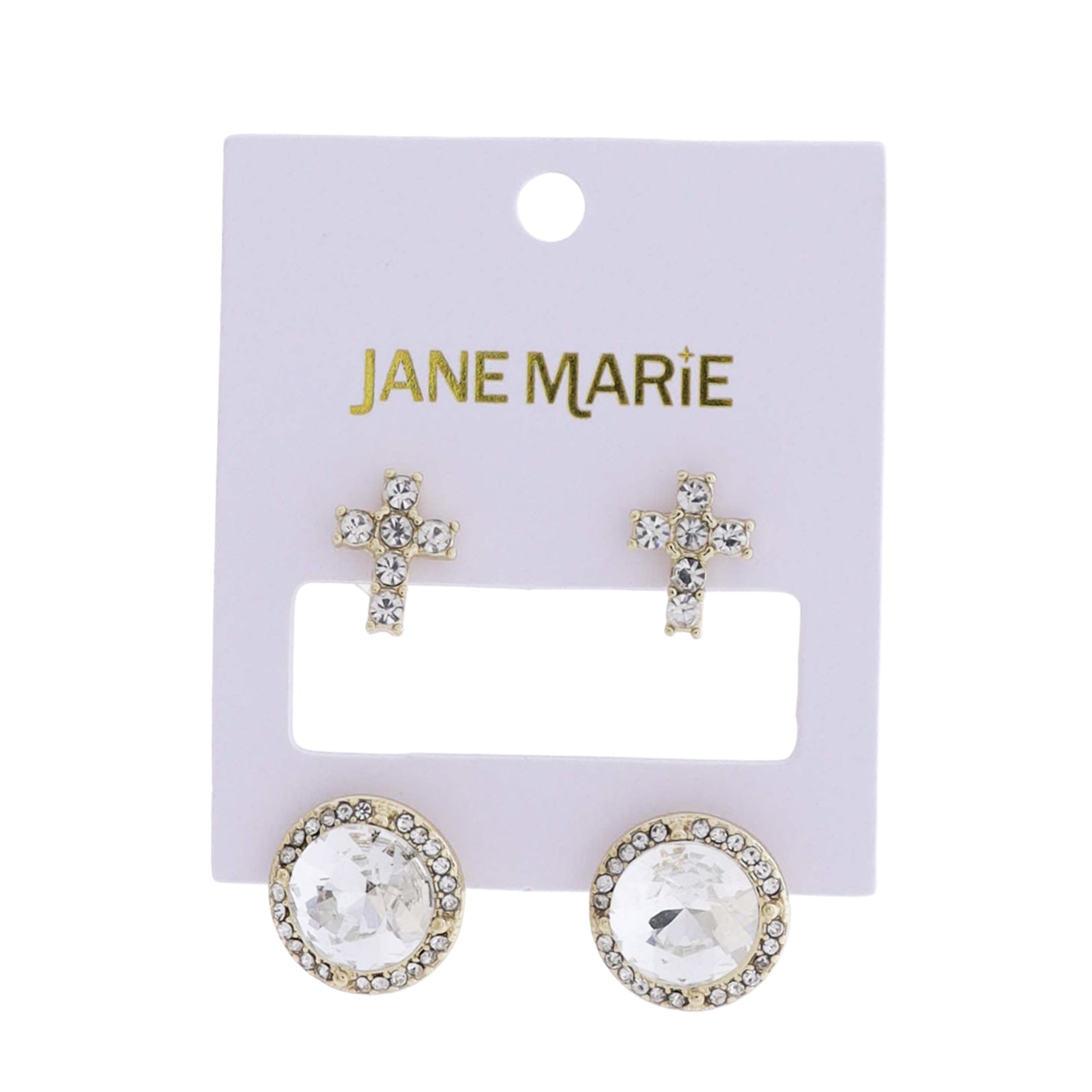 Gold Clear Crystal Cross, Large Circle Crystal with Crystal Outter Edge Set of 2 Earring