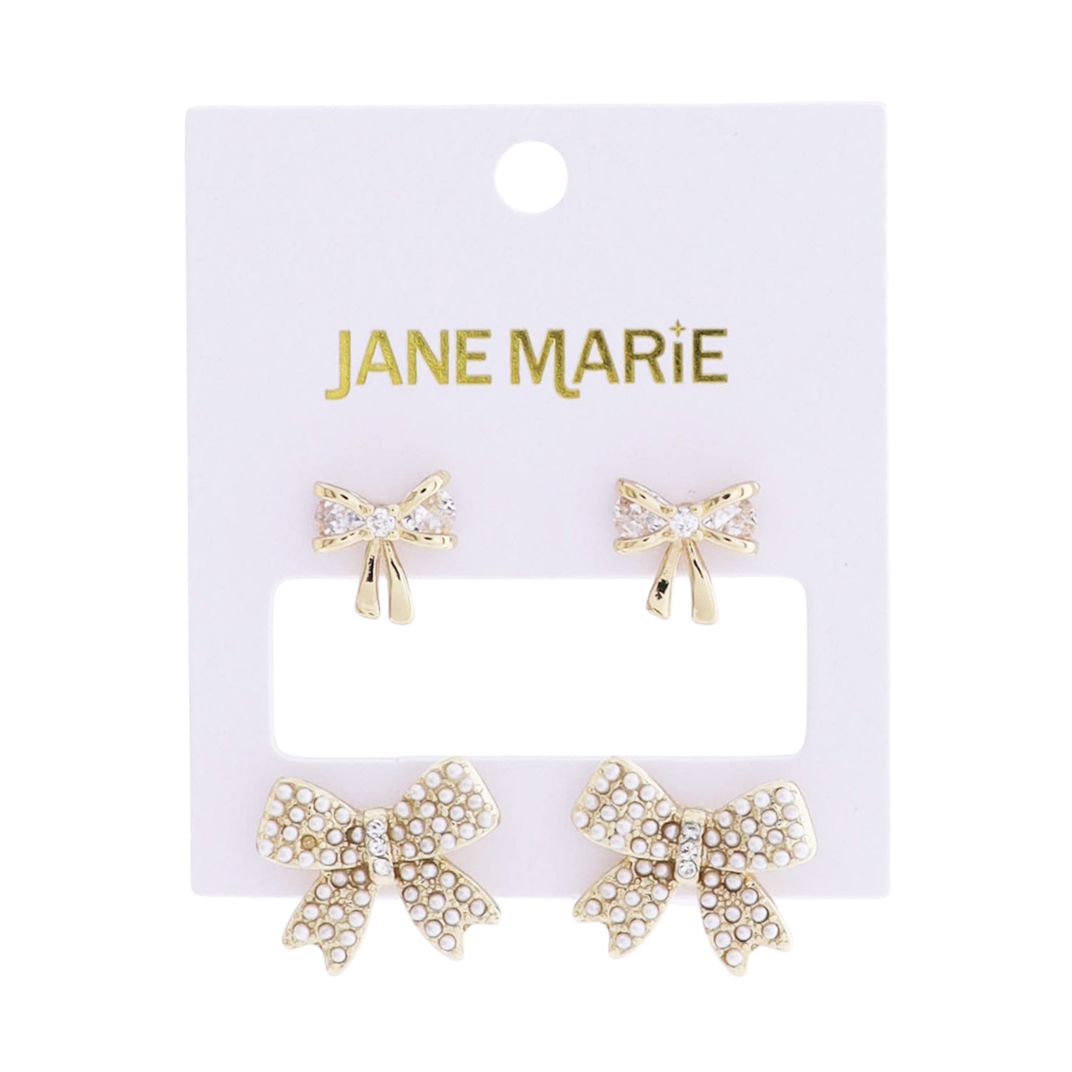 Gold Bow with Clear Crystal Accents, Pearl Embedded Bow Set of 2 Earring