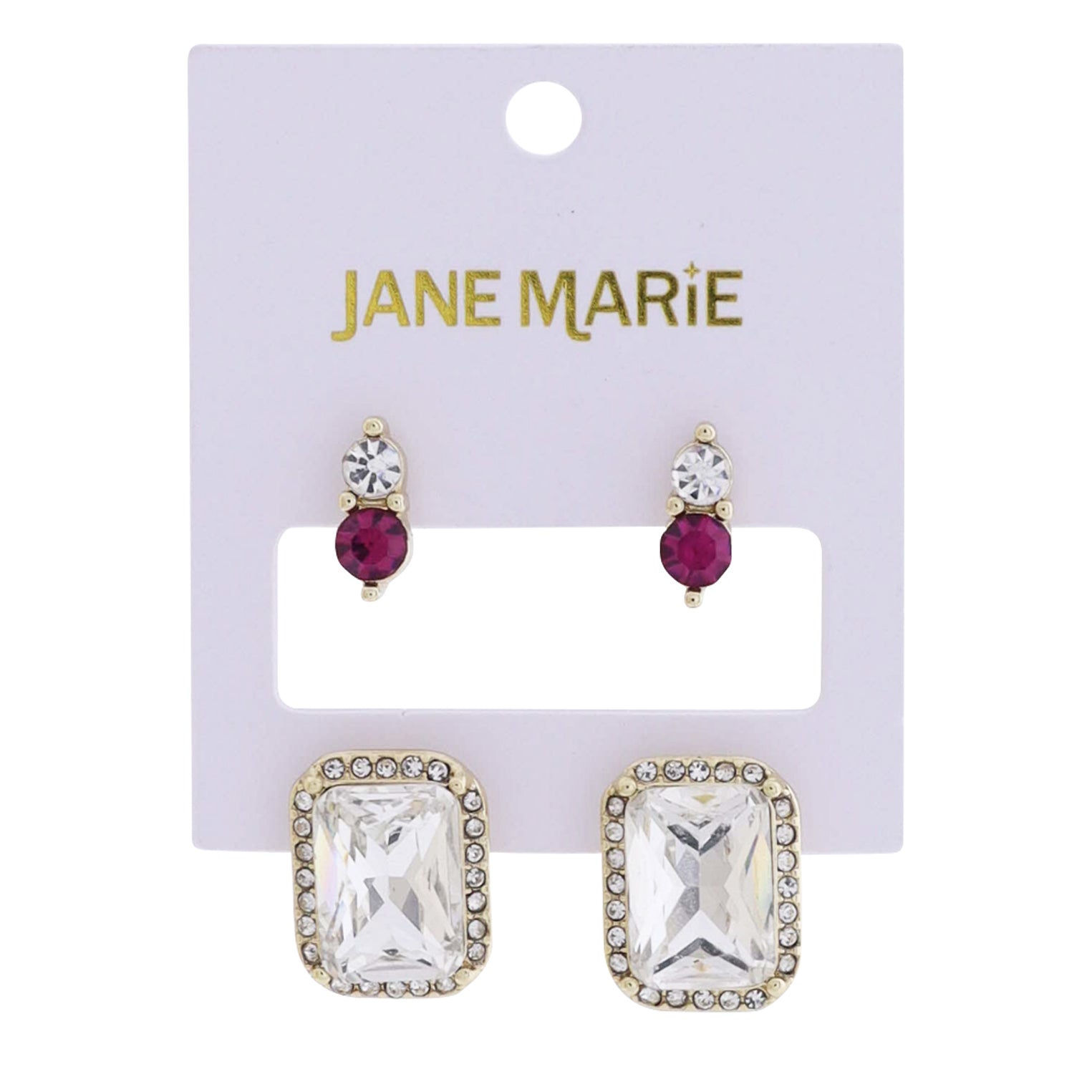 Gold Crystal & Hot Pink Circles, Large Rectangle Crystal with Crystal Edges Set of 2 Earring