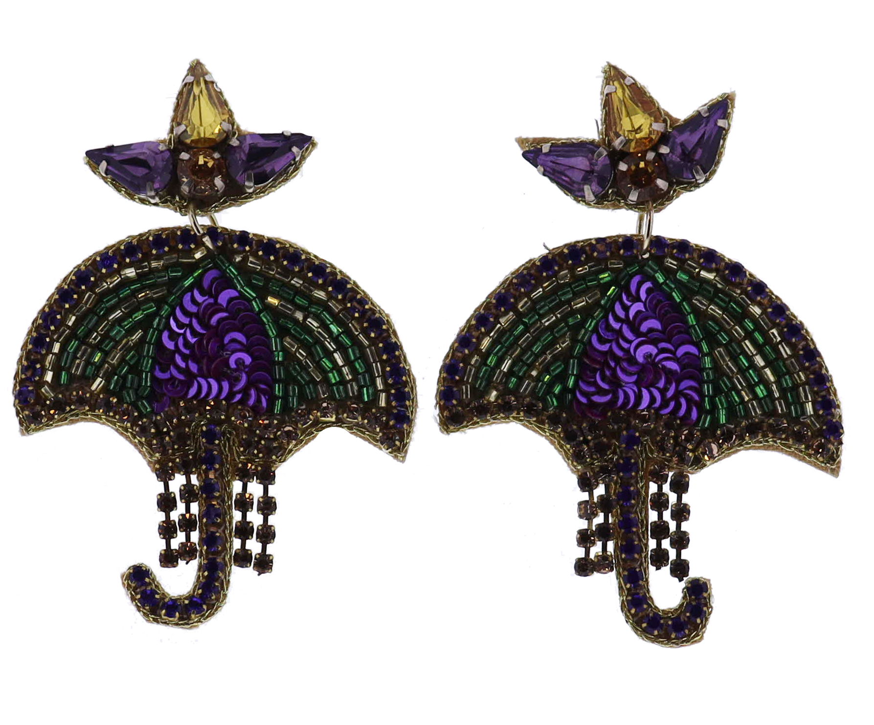 Purple, Green, Gold Beaded Umbrella Earring