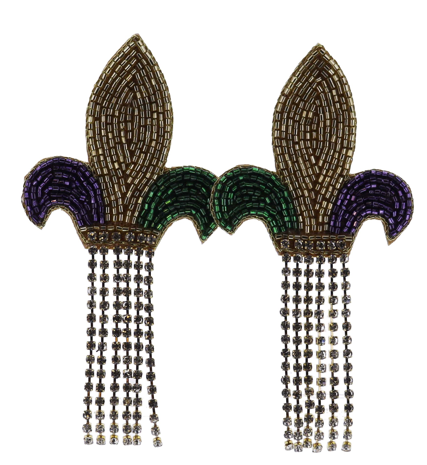 Purple, Green, Gold Beaded Fleur de Lis with Crystal Fringe Earring
