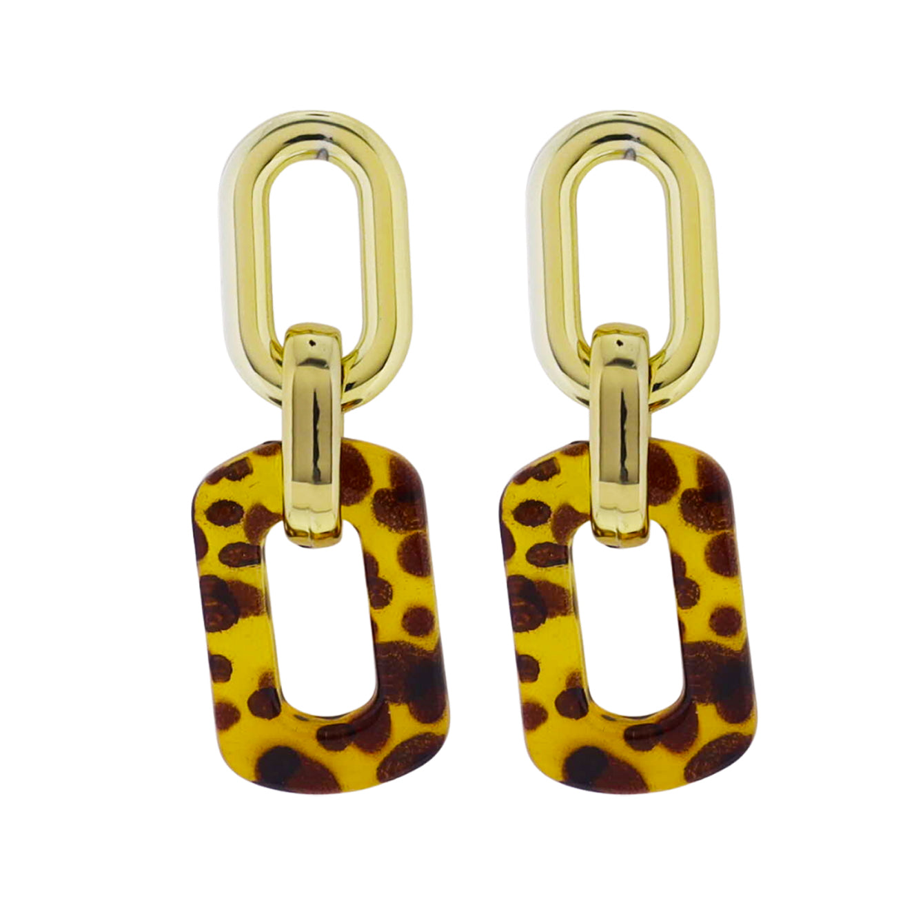 18k Gold Plated Gold Oval, Gold Link, Spotted Cheetah Resin Open Rectangle Earring
