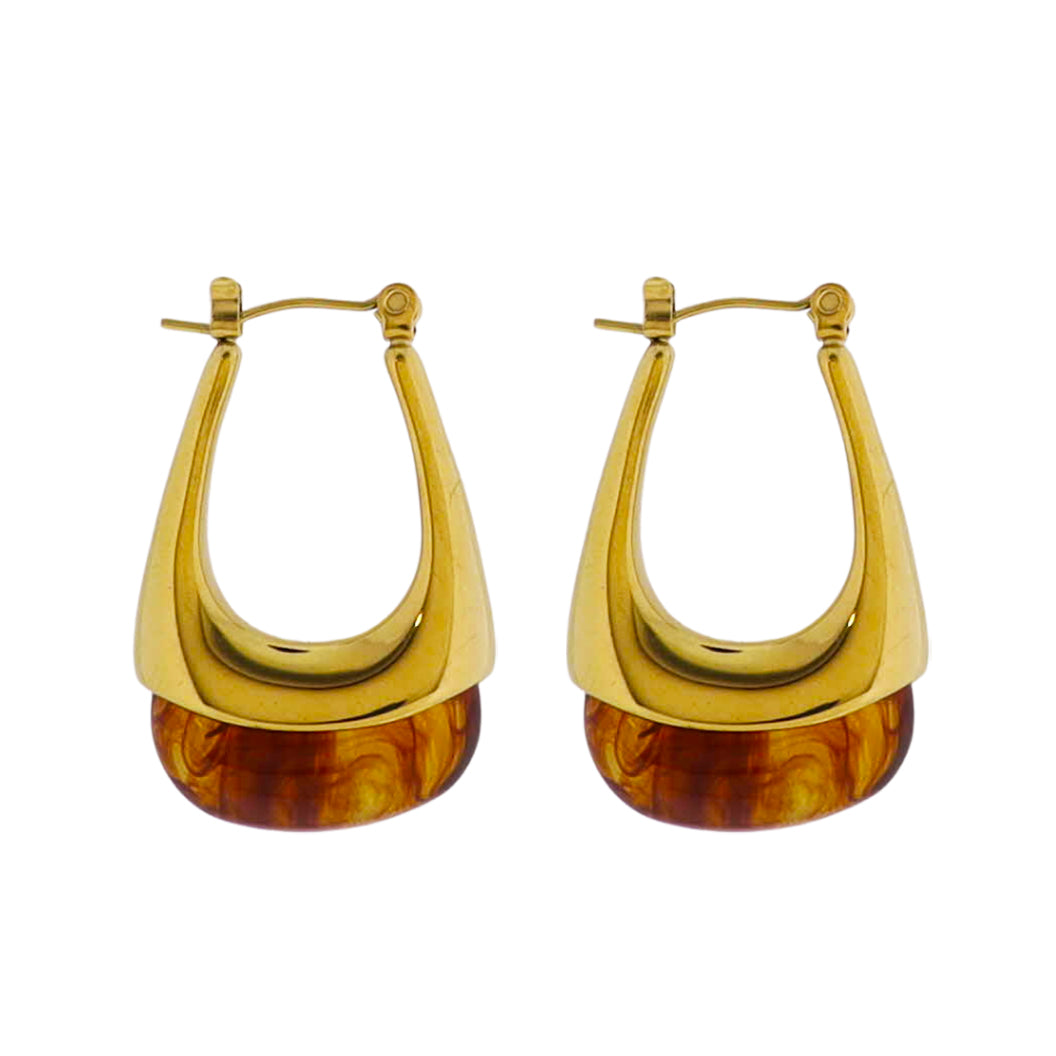 18k Gold Plated Gold Dropping Oval Earring with Brown Resin Bottom Accent