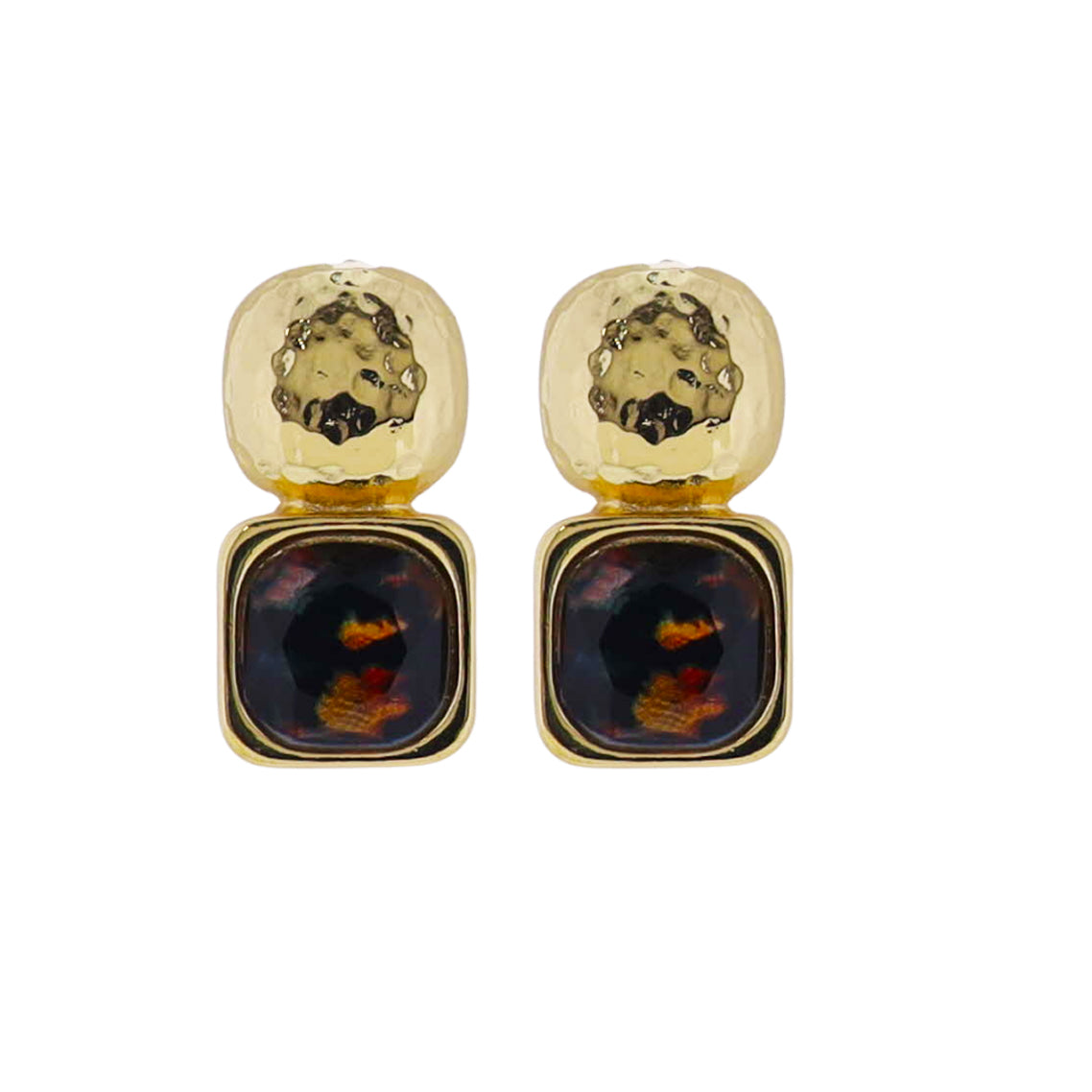 18k Gold Plated Gold Rounded Square Post Earring with Leopard Print Square Stone
