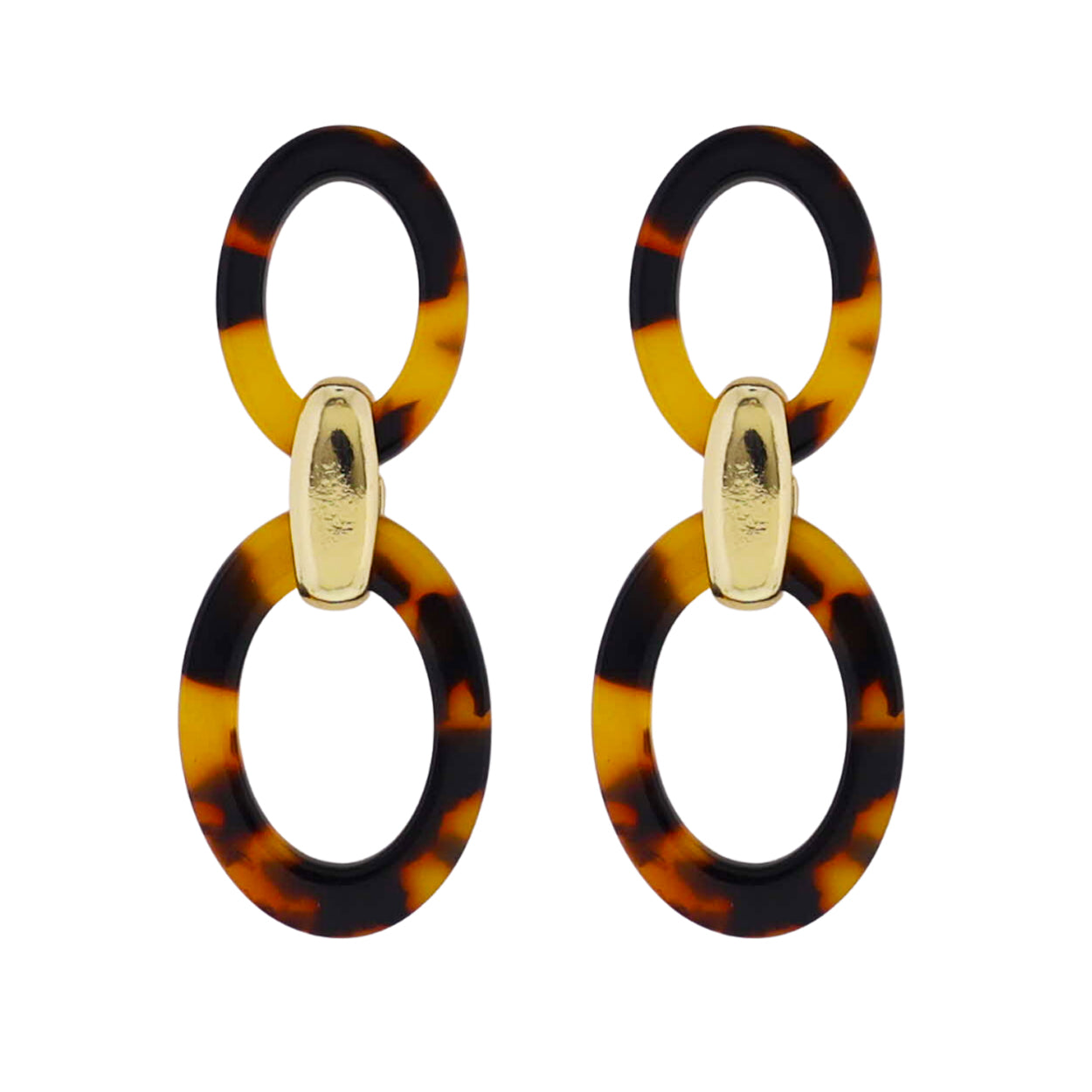 18k Gold Plated Tortoise Oval, Gold Link, Tortoise Oval Earring