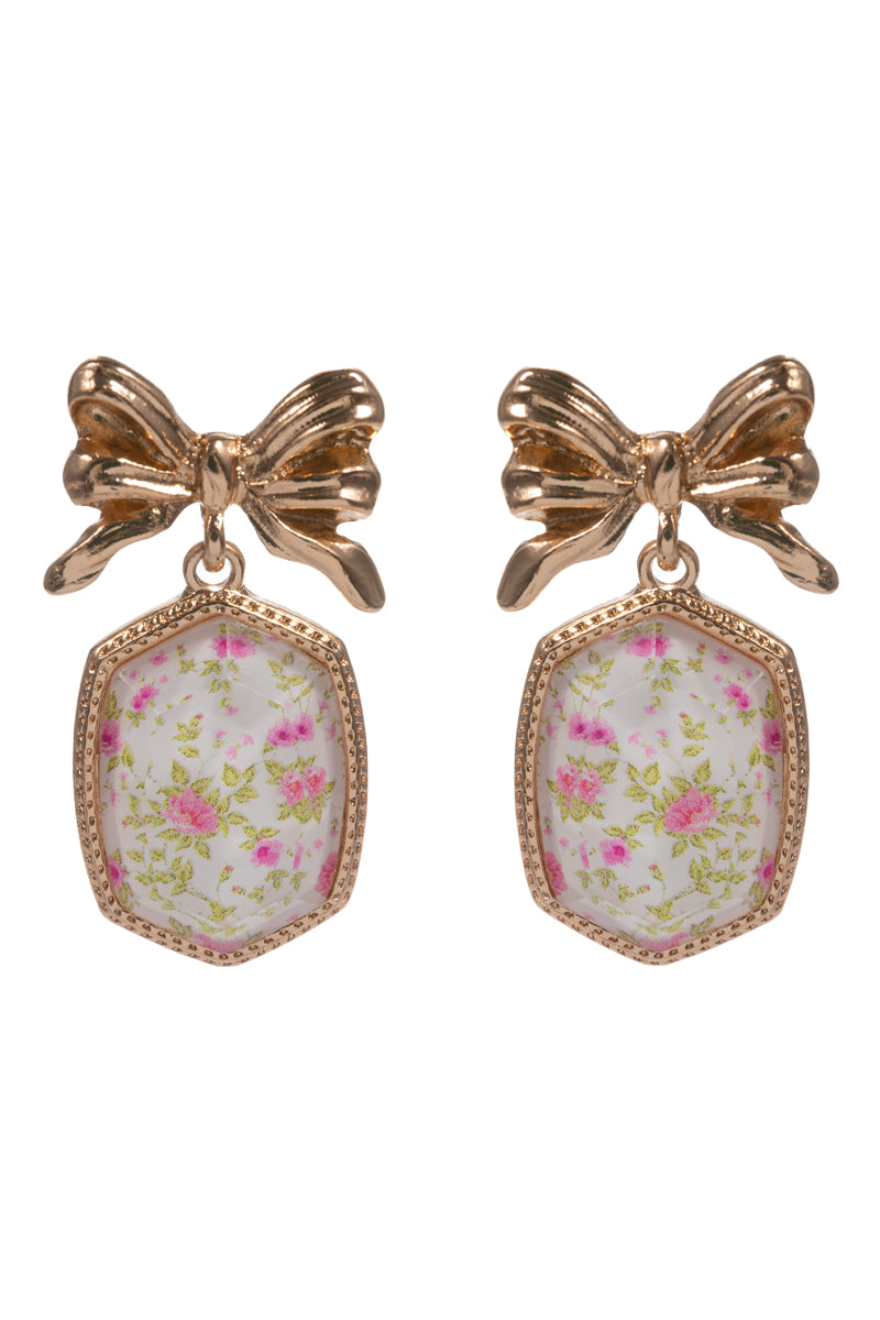 Gold Bow Post with Pink Floral Elongated Hexagon Earring