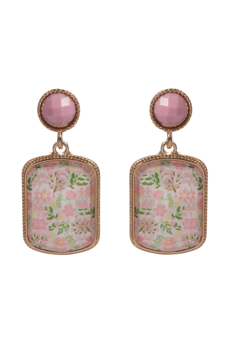 Baby Pink Circle Post with Pink Floral Rectangle Earring
