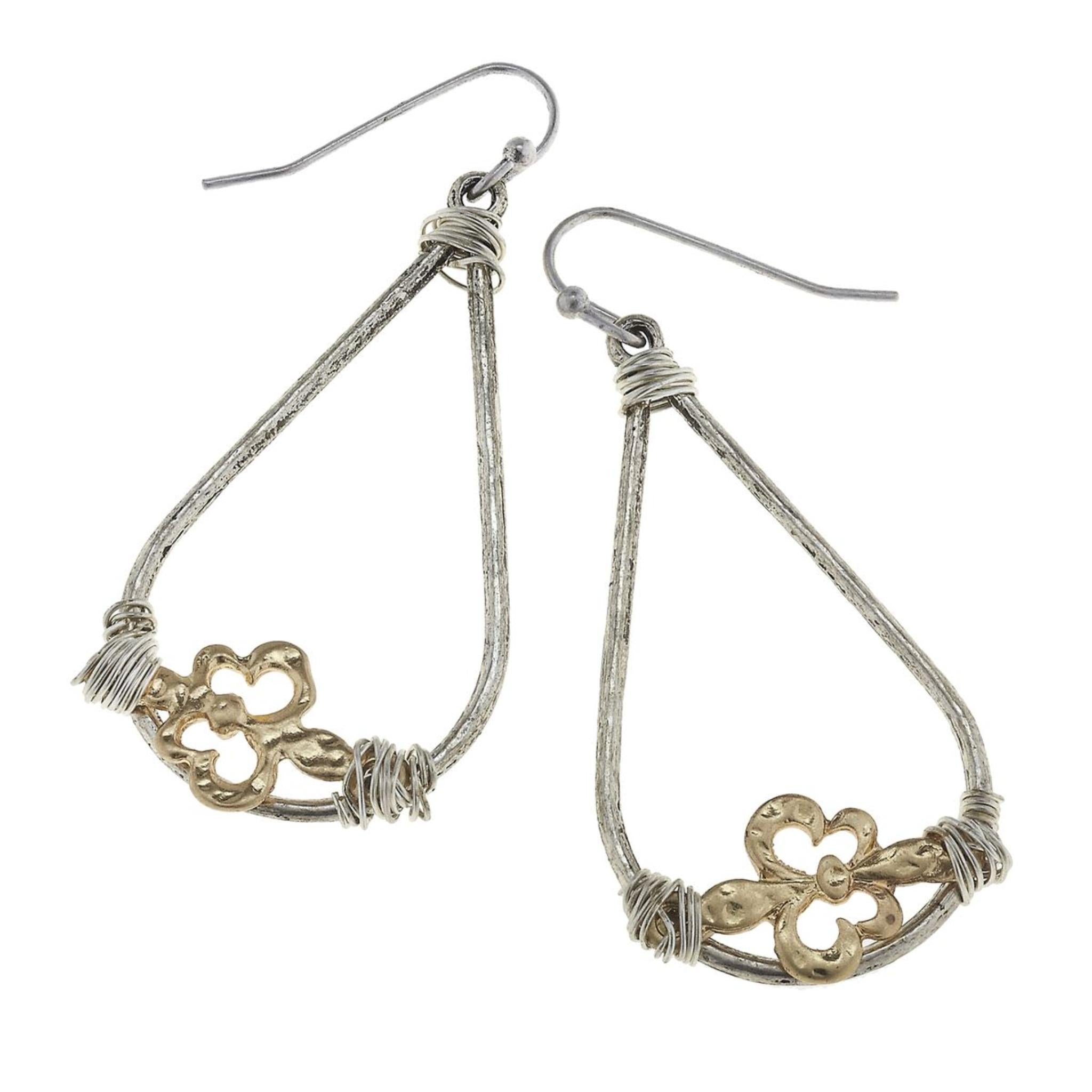 2-Tone Wire Wrapped Fleur De Lis on Teardrop Earring