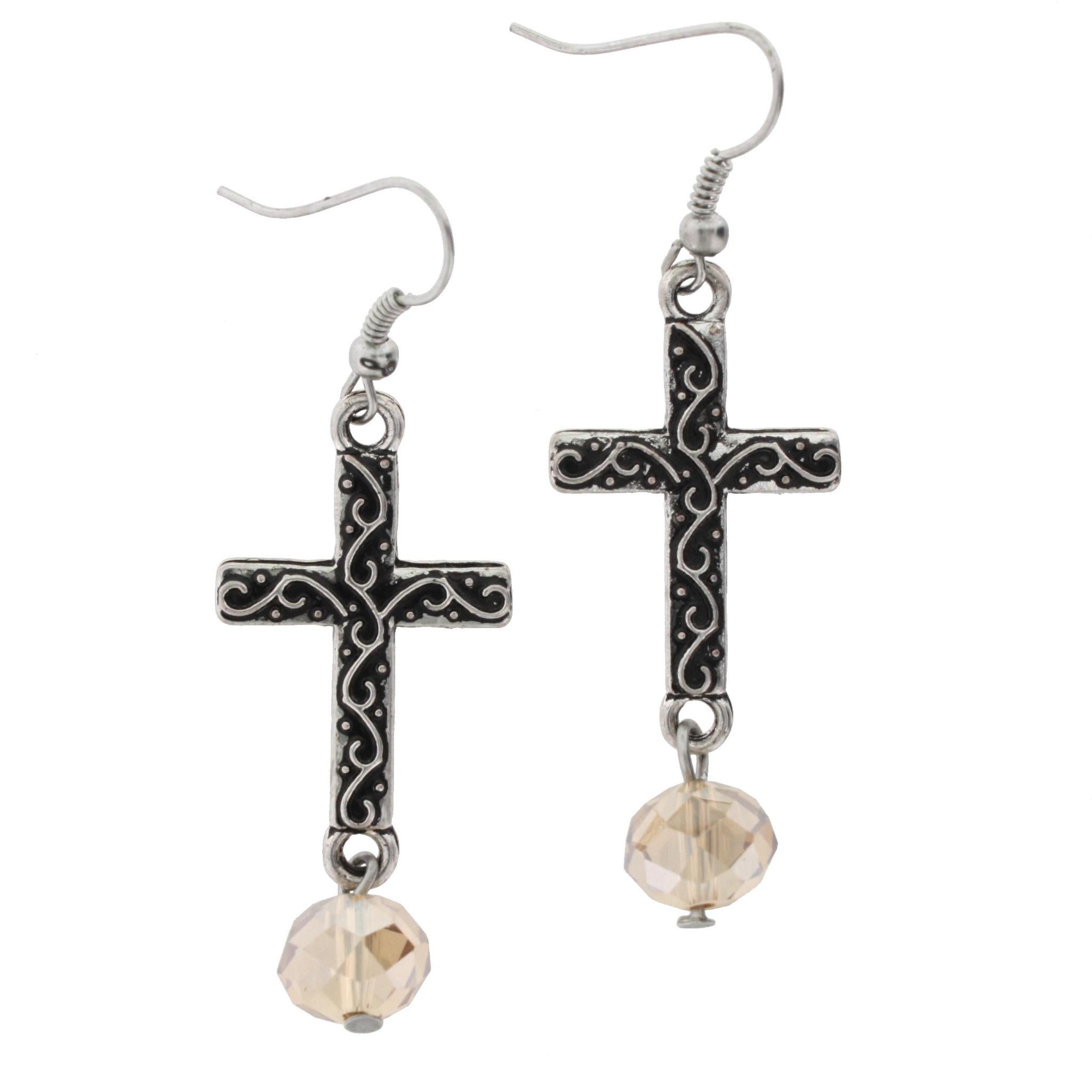 Silver Cross with Champagne Stone Earring