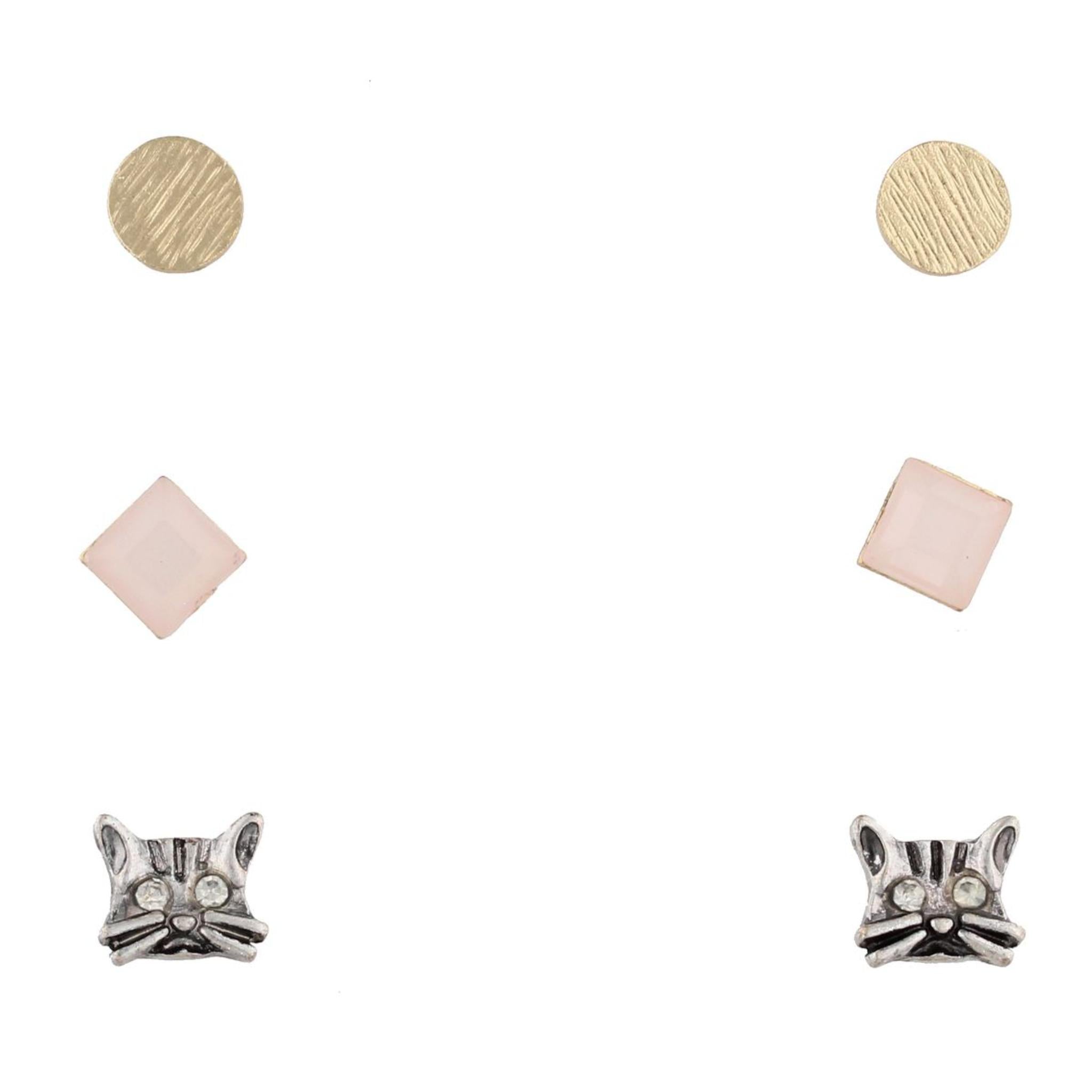 Round Gold, Light Pink Faceted Square, and Silver Cat Earring Set