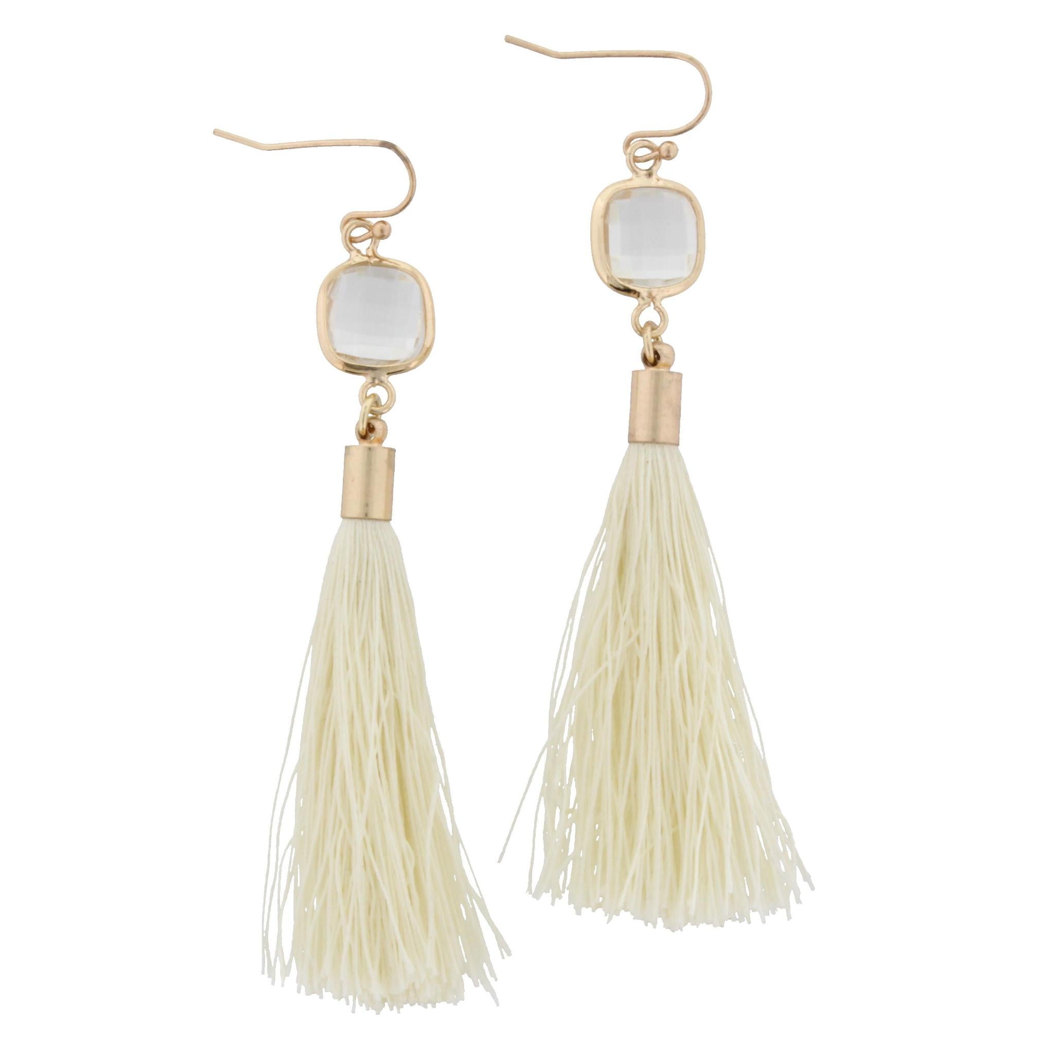 Crystal Square with Cream Tassel Earring
