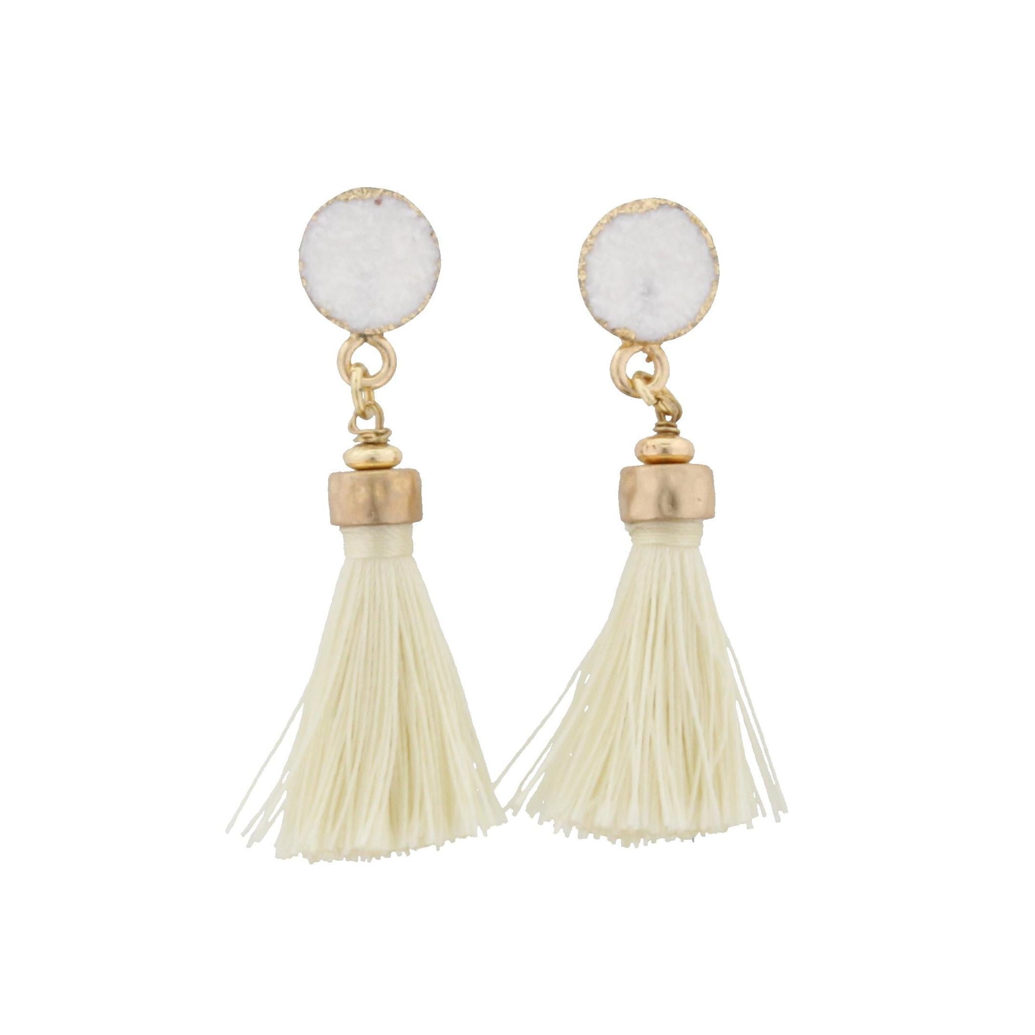White Druzy Circle Stud with Cream Tassel Earring
