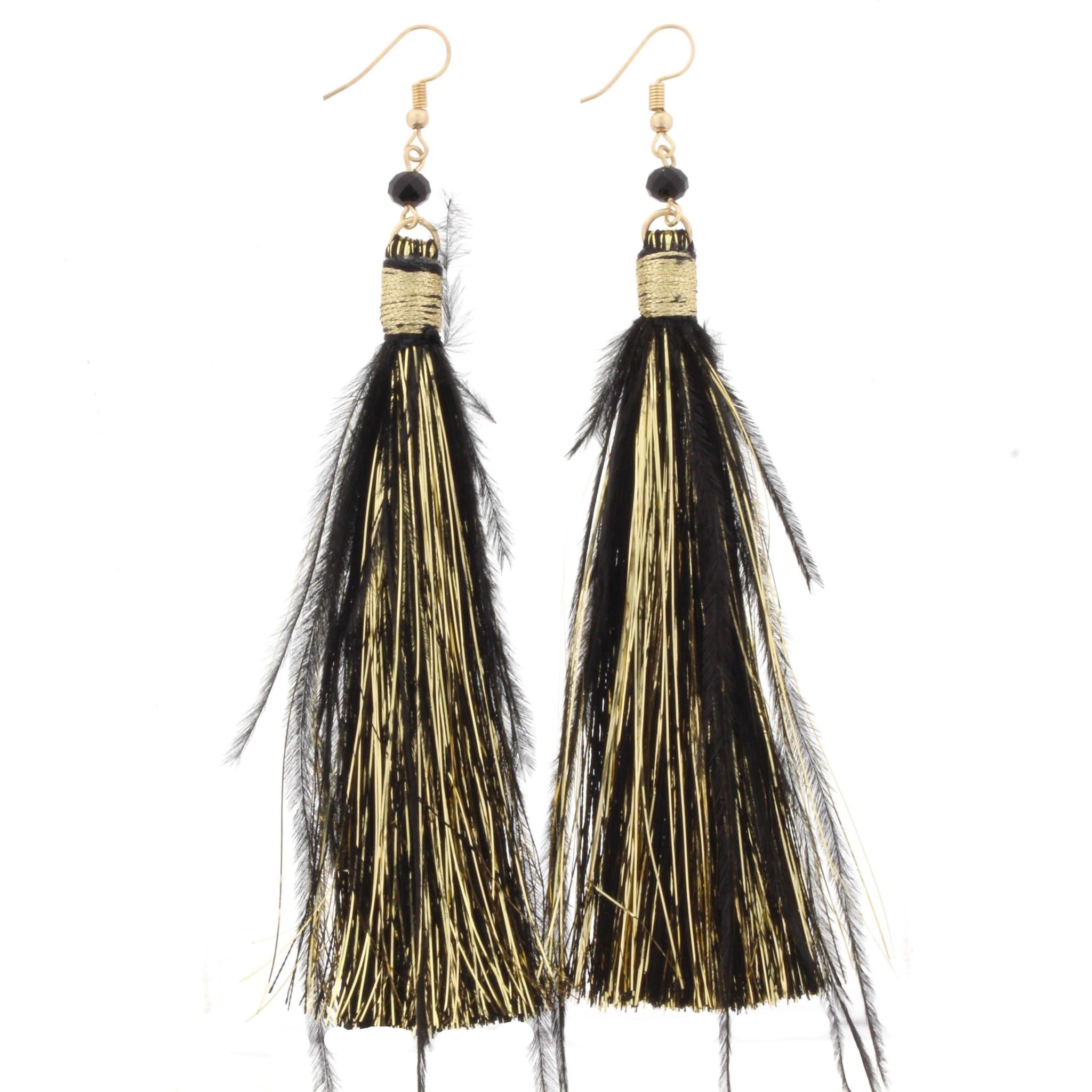Jet Fringe Tassel with Jet Feather Accents Earring