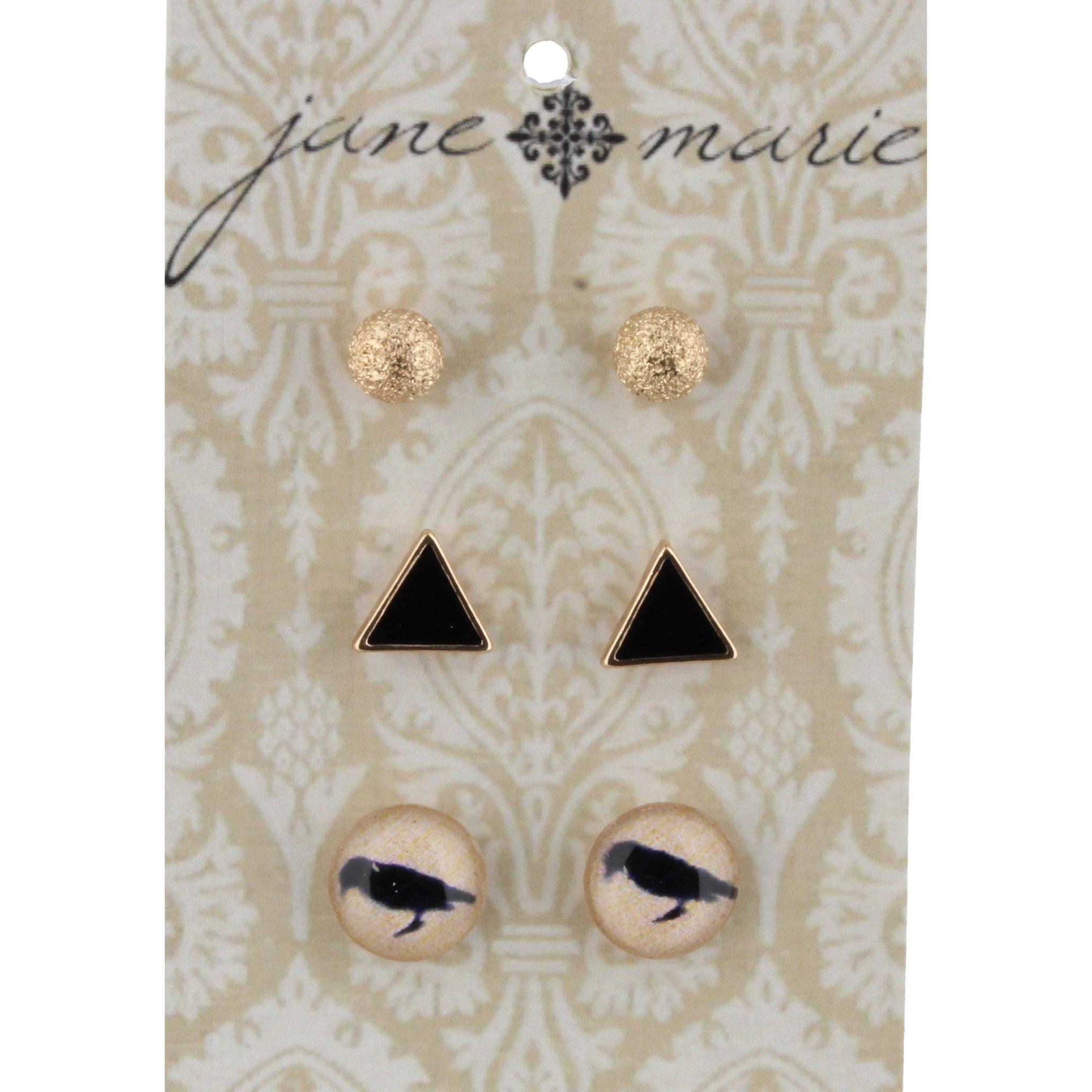 Gold Ball, Jet Epoxy Triangle, and Round Bird Stud Earring Set