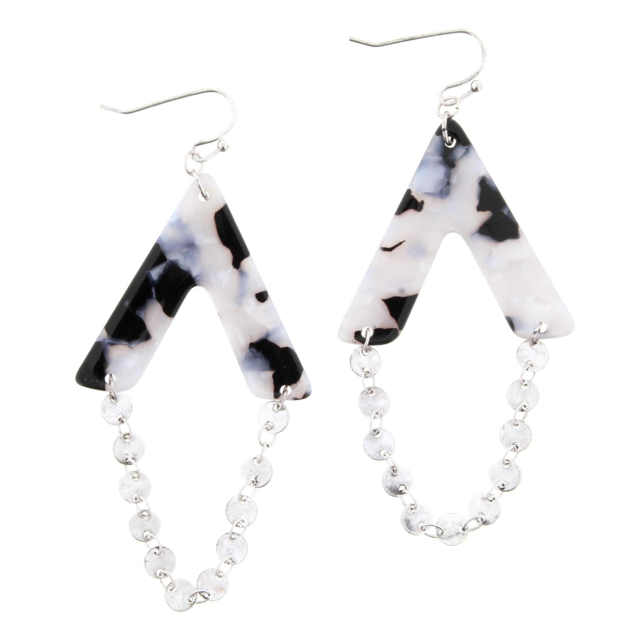 Jet/White Multi Resin V Shape with Silver Disk Chain Dangle Earring