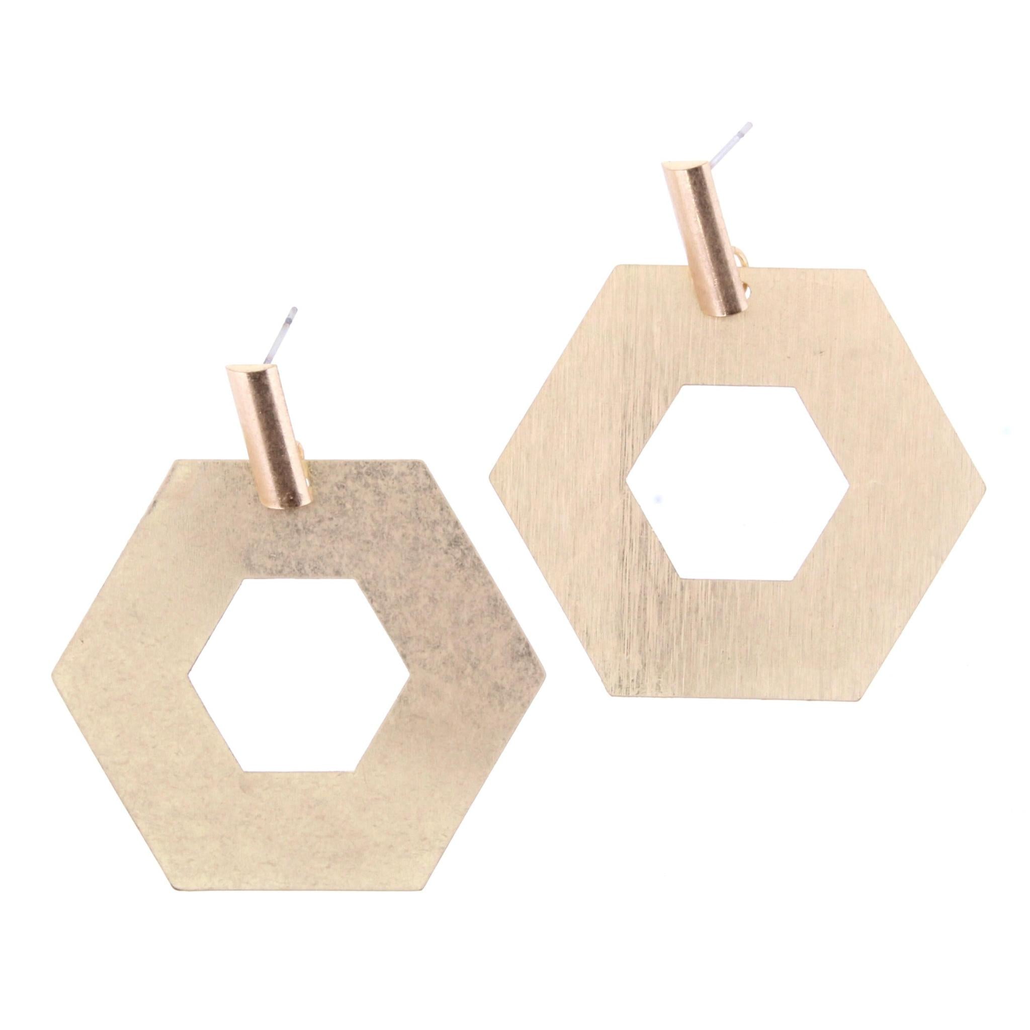 Gold Hexagon Dangle Stud Earring