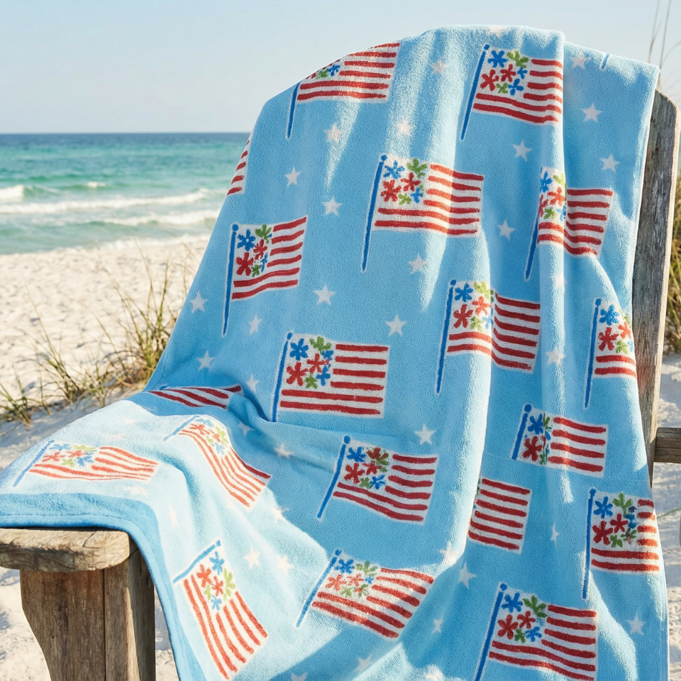American Bloom Beach Towel | American Flag-Inspired Red, White & Blue | 70" x 39"