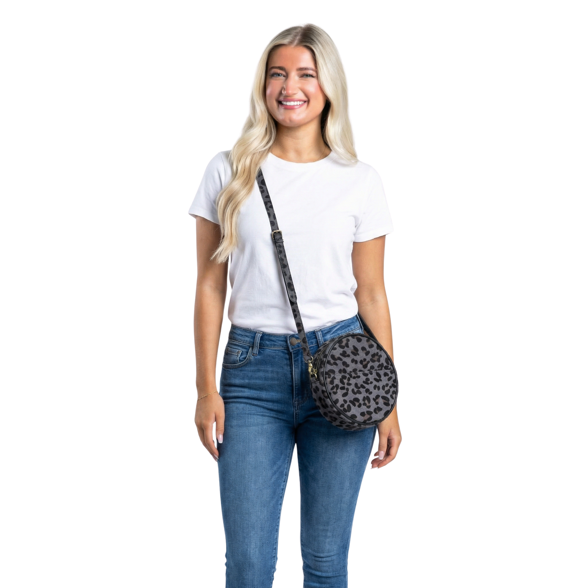 Dottie Round Crossbody - Grey Leopard Hair-On Leather Bag
