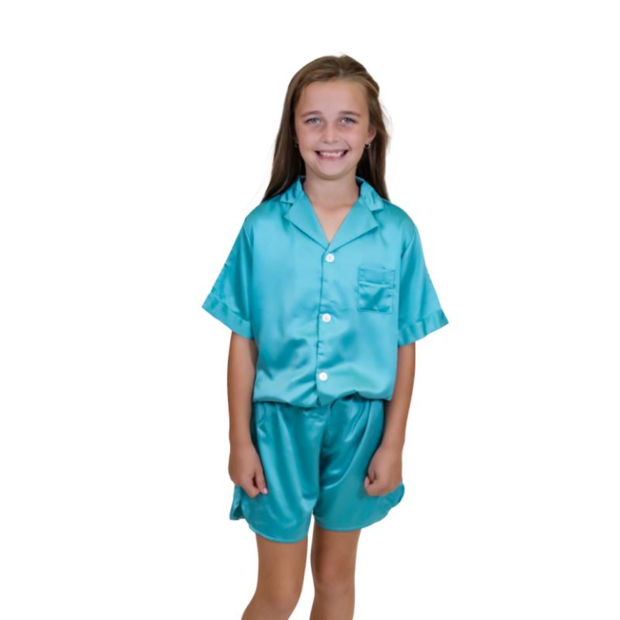 Kids Here's the Deal, Teal Satin Pajama Short Set Assortment, No Display Package
