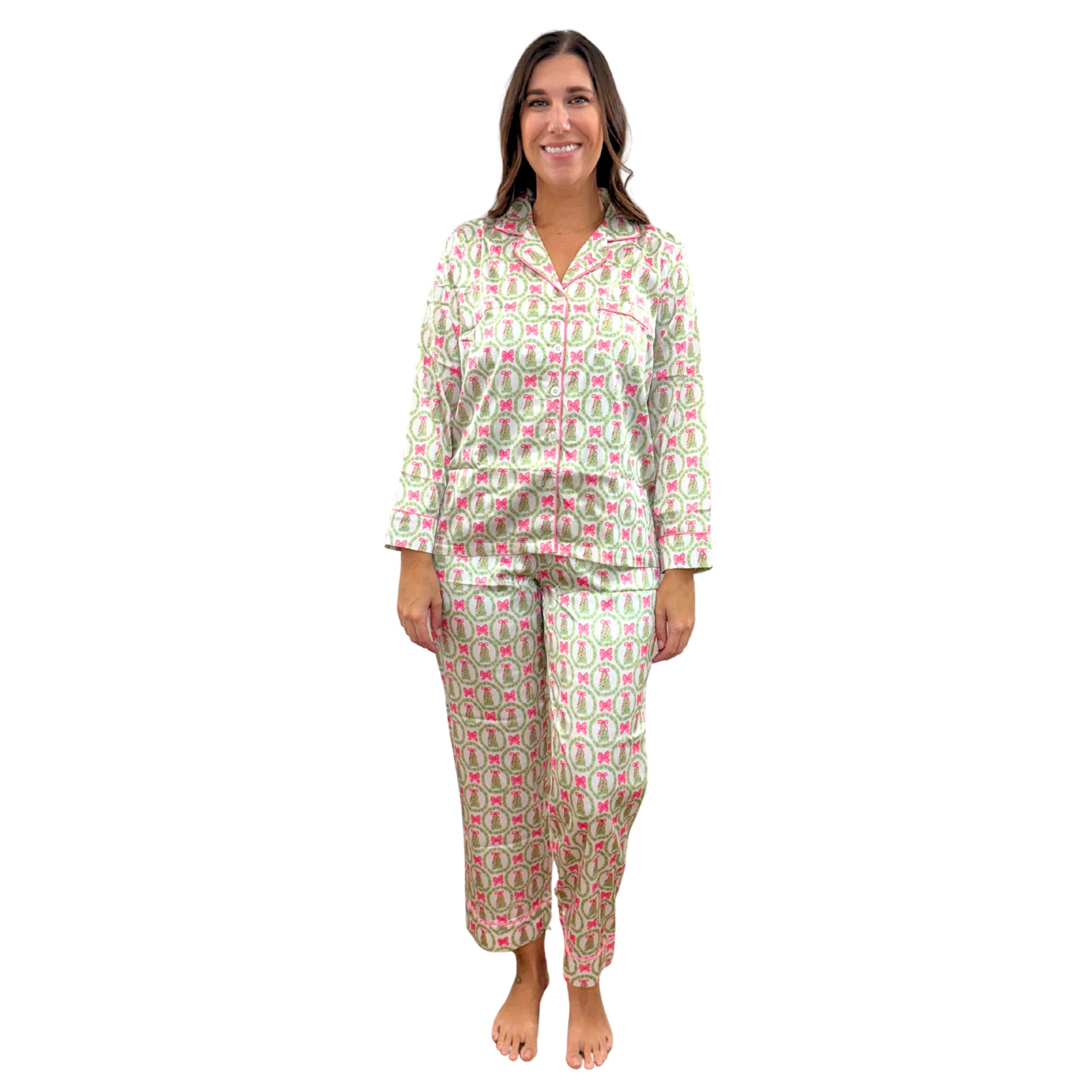 Pink Christmas Cheer Satin Pajama Long Sleeve Set Assortment, No Display Package