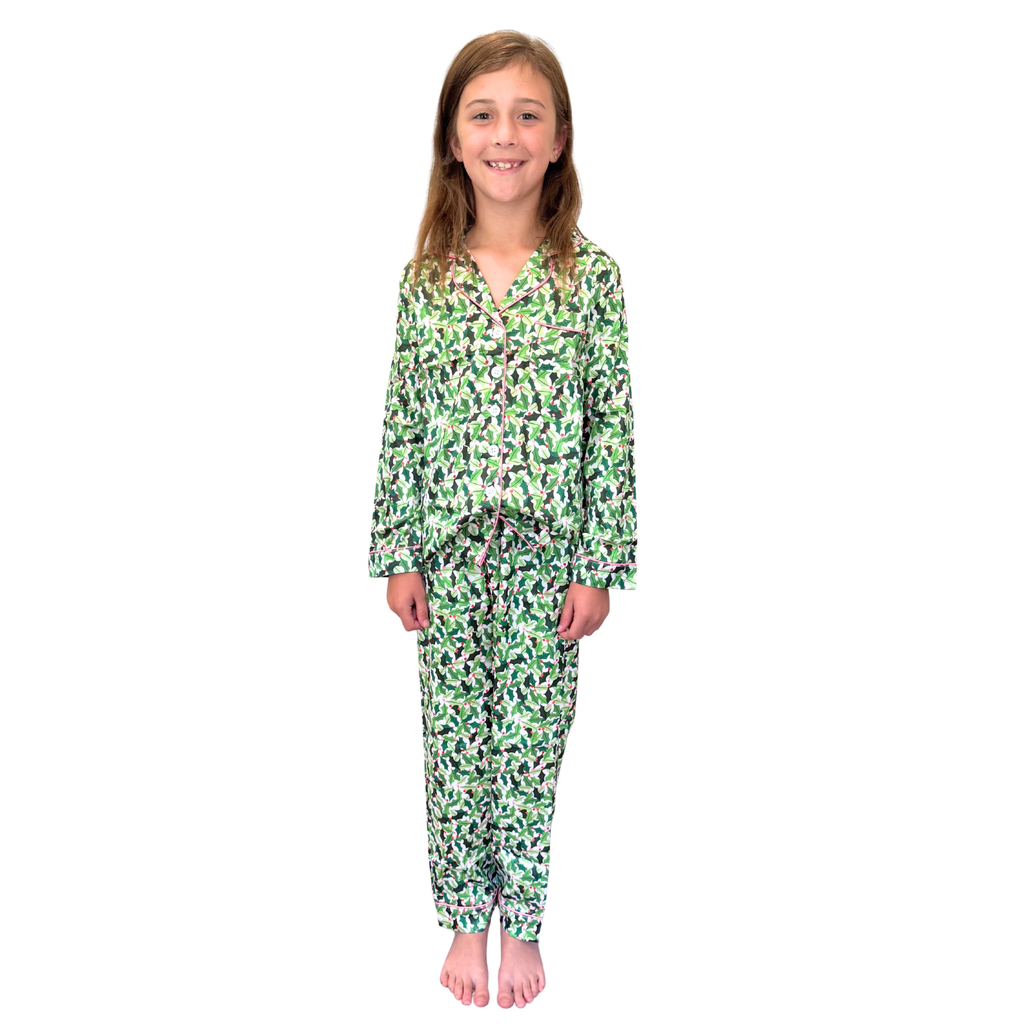 Kids Boughs of Holly Satin Pajama Long Sleeve Set Assortment, No Display Package