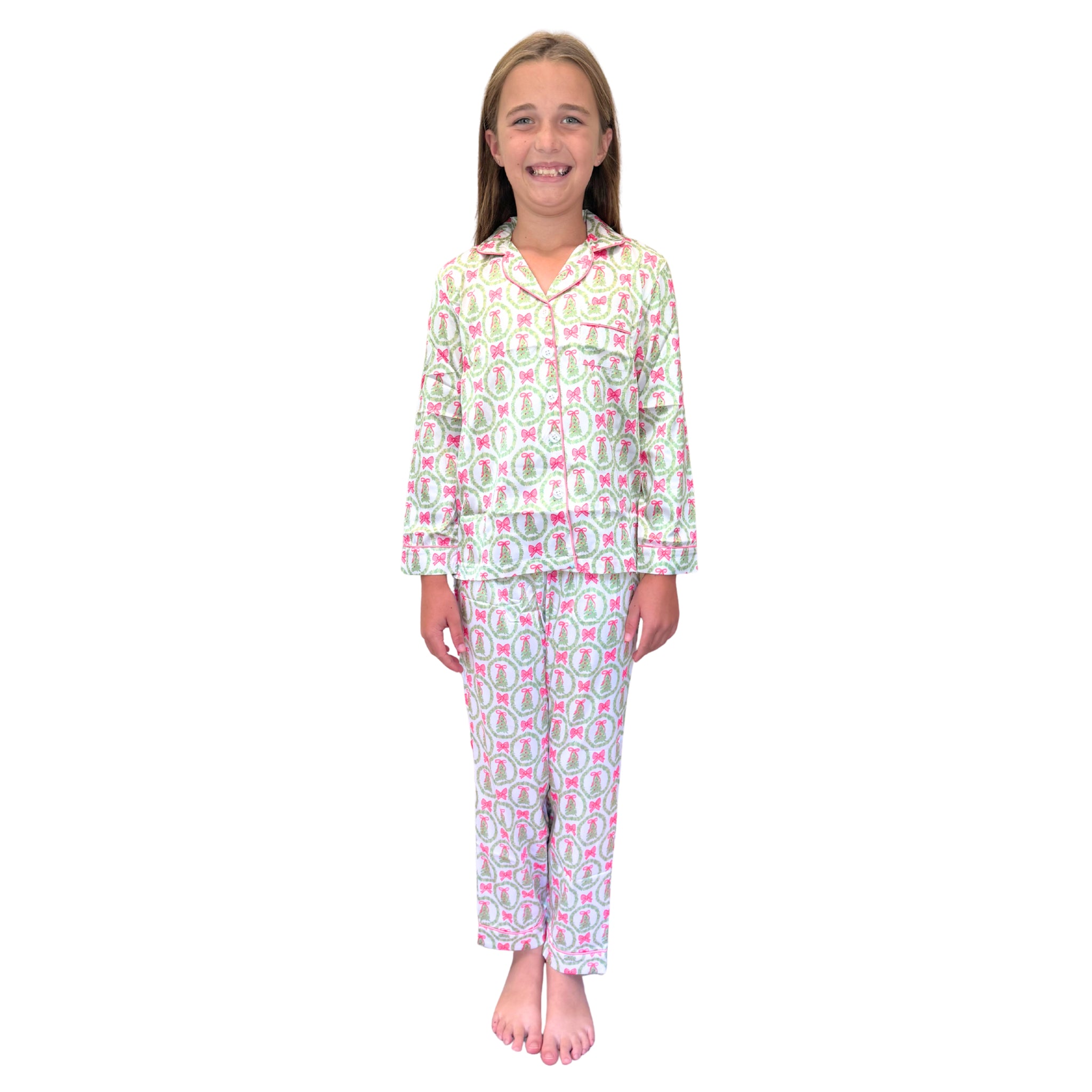 Kids Pink Christmas Cheer Satin Pajama Long Sleeve Set Assortment, No Display Package